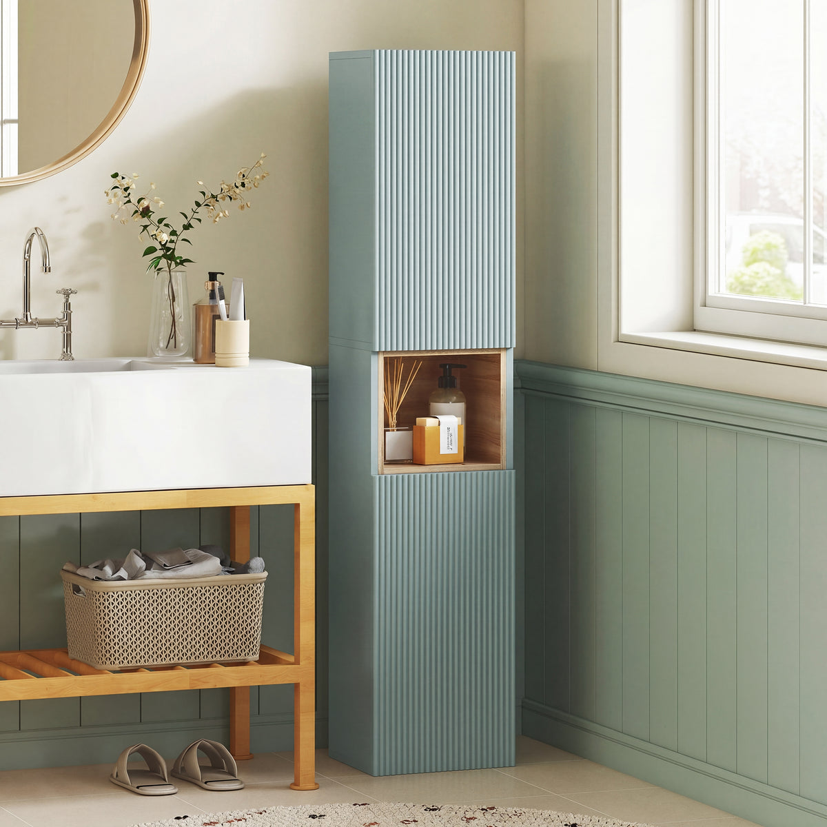 Mobile a colonna per bagno, mobiletto, 2 ante, scomparto e ripiani regolabili, 30x24x140cm, verde