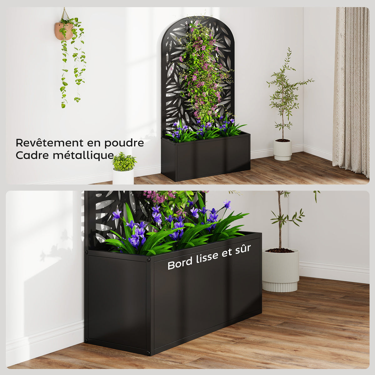Jardinière avec treillis, bac à fleurs en métal, à fixer au mur ou au sol, 61x23x113cm, noir
