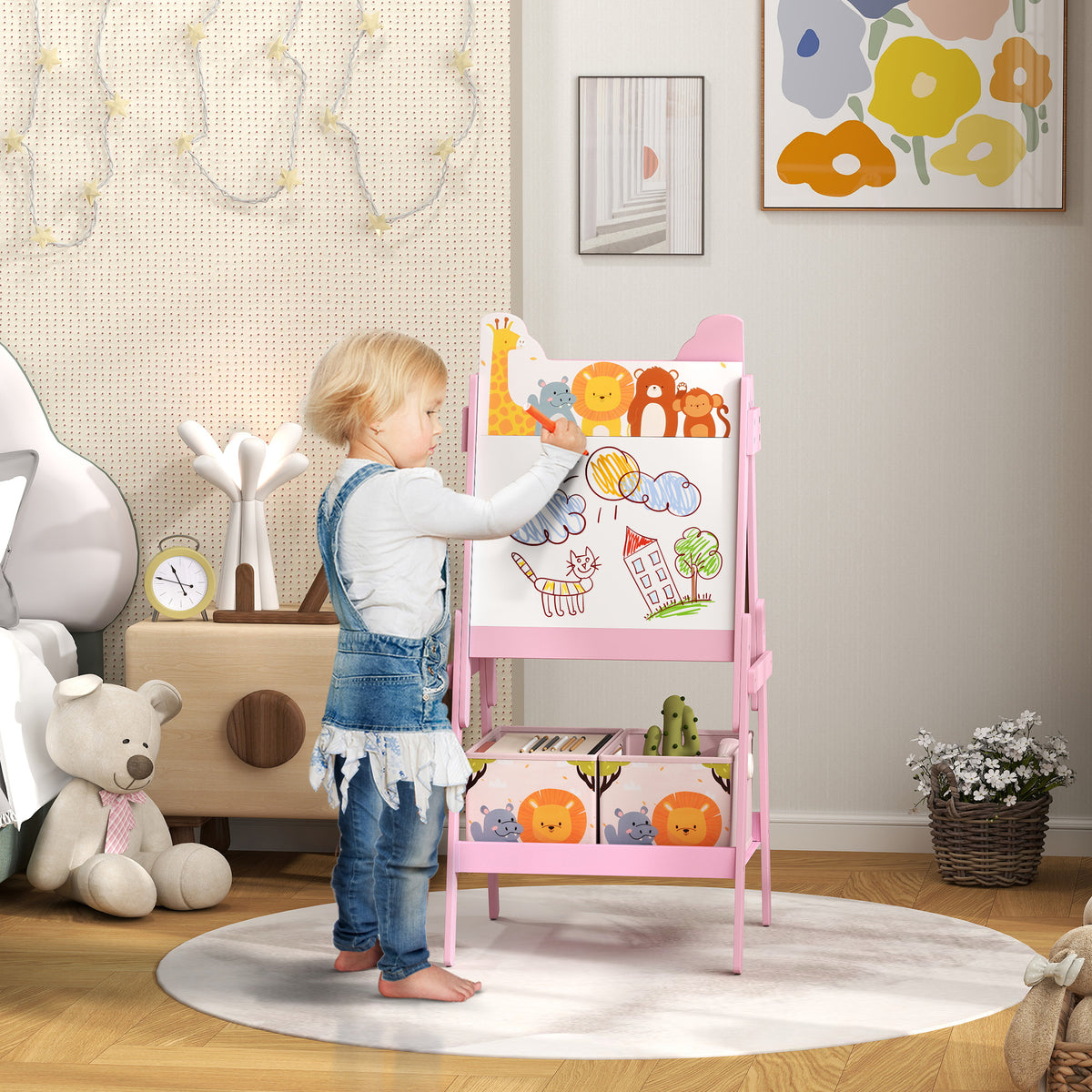 Tableau enfant chevalet enfant double face 2 boîtes de rangement pour enfants 3 - 8 ans 49 x 53,5 x 113 cm rose