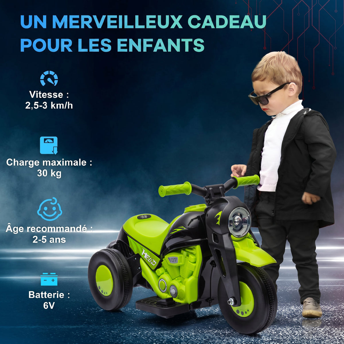 Moto électrique enfants 2-5 ans, 3 roues, 6 V, 3 km/h, avec fonction de bulles, effets lumineux et sonores, vert