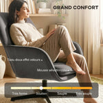 Fauteuil salon, fauteuil d'appoint rembourré en velours avec large assise, coussin et structure en métal, gris foncé
