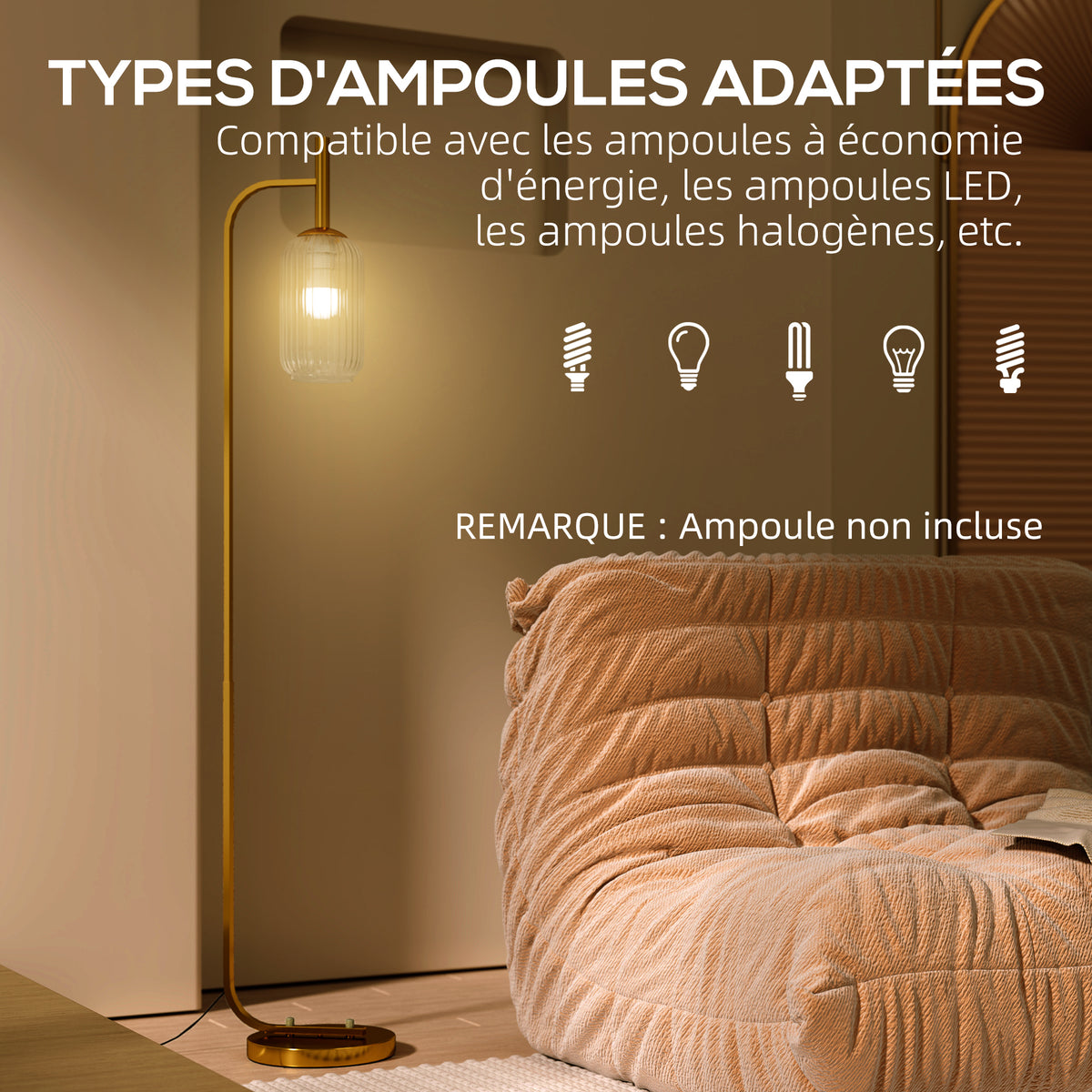 Lampadaire sur pied salon lampe sur pied avec abat-jour en verre texturé interrupteur à pied 29 x 25 x 152 cm métal or