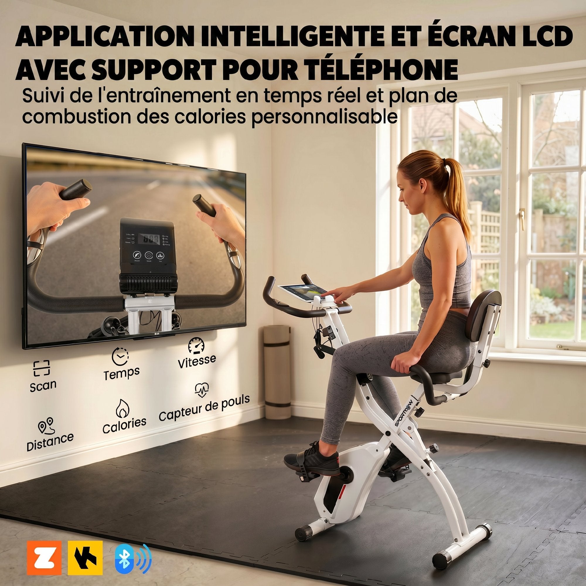 Vélo d'Appartement Pliable Vélo de Fitness 3 en 1 Silencieux Connecté Kinomap Bluetooth et Zwift 105x53,5x109cm Blanc