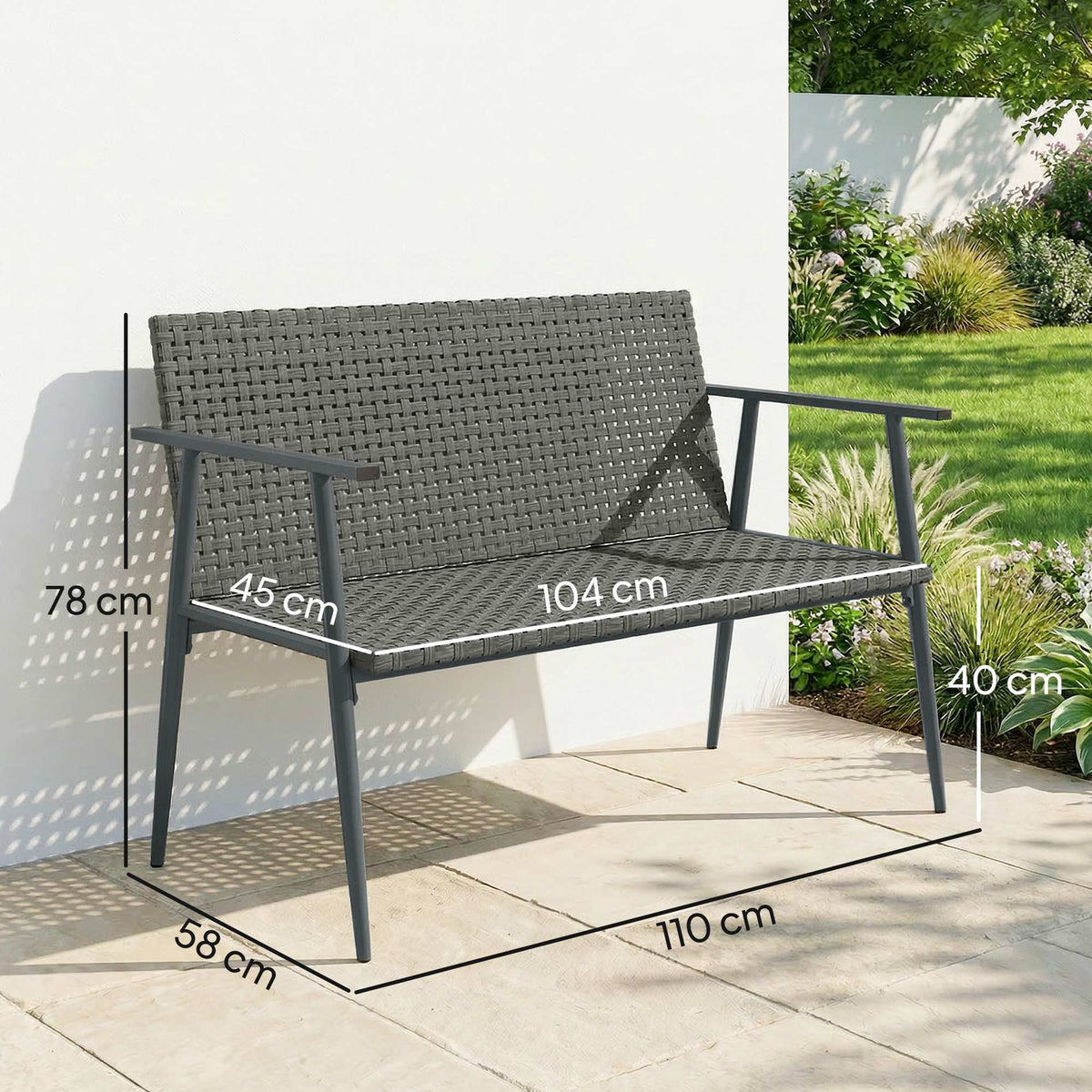 2-Seater Garden Bench in Woven Resin and Steel, with Armrests, Adjustable Backrests and Feet, 110x58x78cm, Grey
