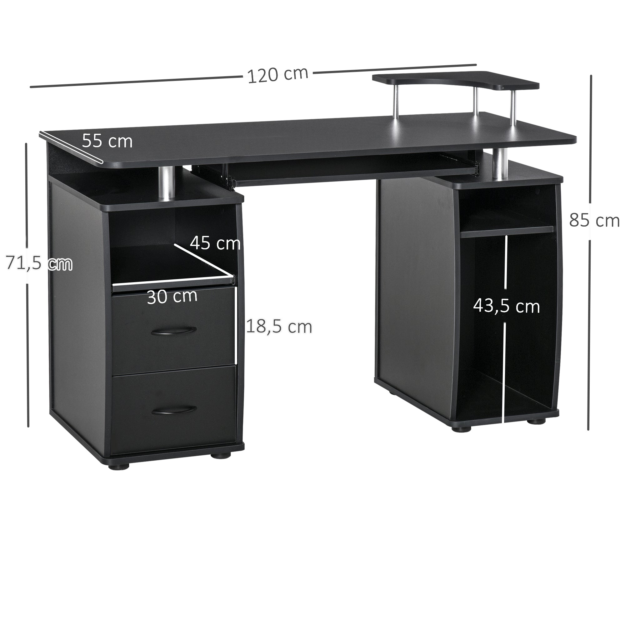 Bureau informatique étagères et tiroir, 120 x 50 x 85 cm, bureau d'ordinateur avec rangement support imprimant et clavier, table d'étude pour chambre, bureau, noir
