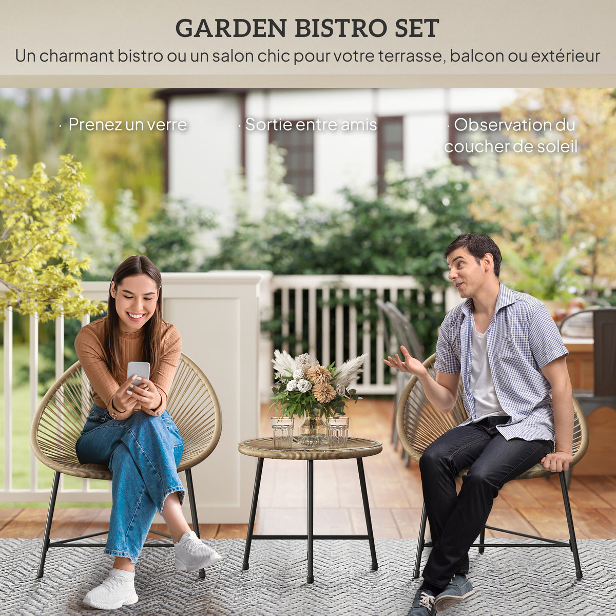 Set de jardín exterior de ratán sintético para 2 personas, tablero de vidrio templado, para balcón, terraza o patio, natural