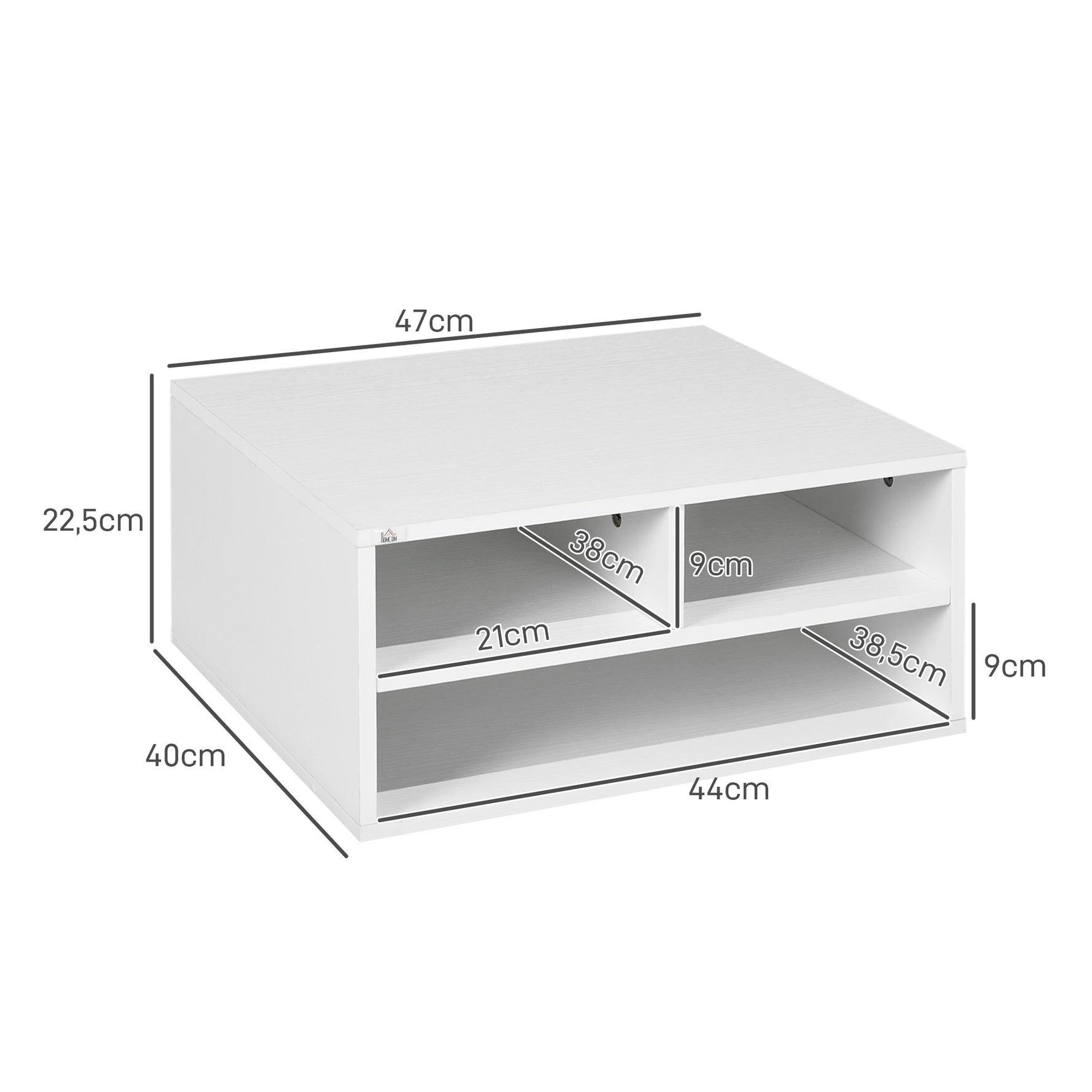 Organiseur bureau aspect blanc avec 3 compartiments fournitures support d'imprimante 47 x 40 x 22,5 cm