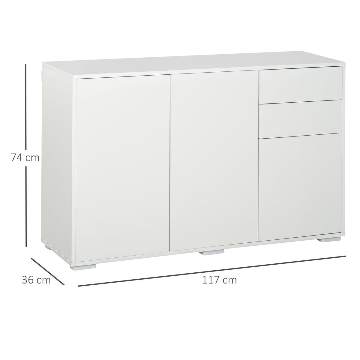 Credenza mobile contenitore 2 cassetti scorrevoli 3 ante ripiano regolabile pannelli di particelle 117 x 36 x 74 cm bianco