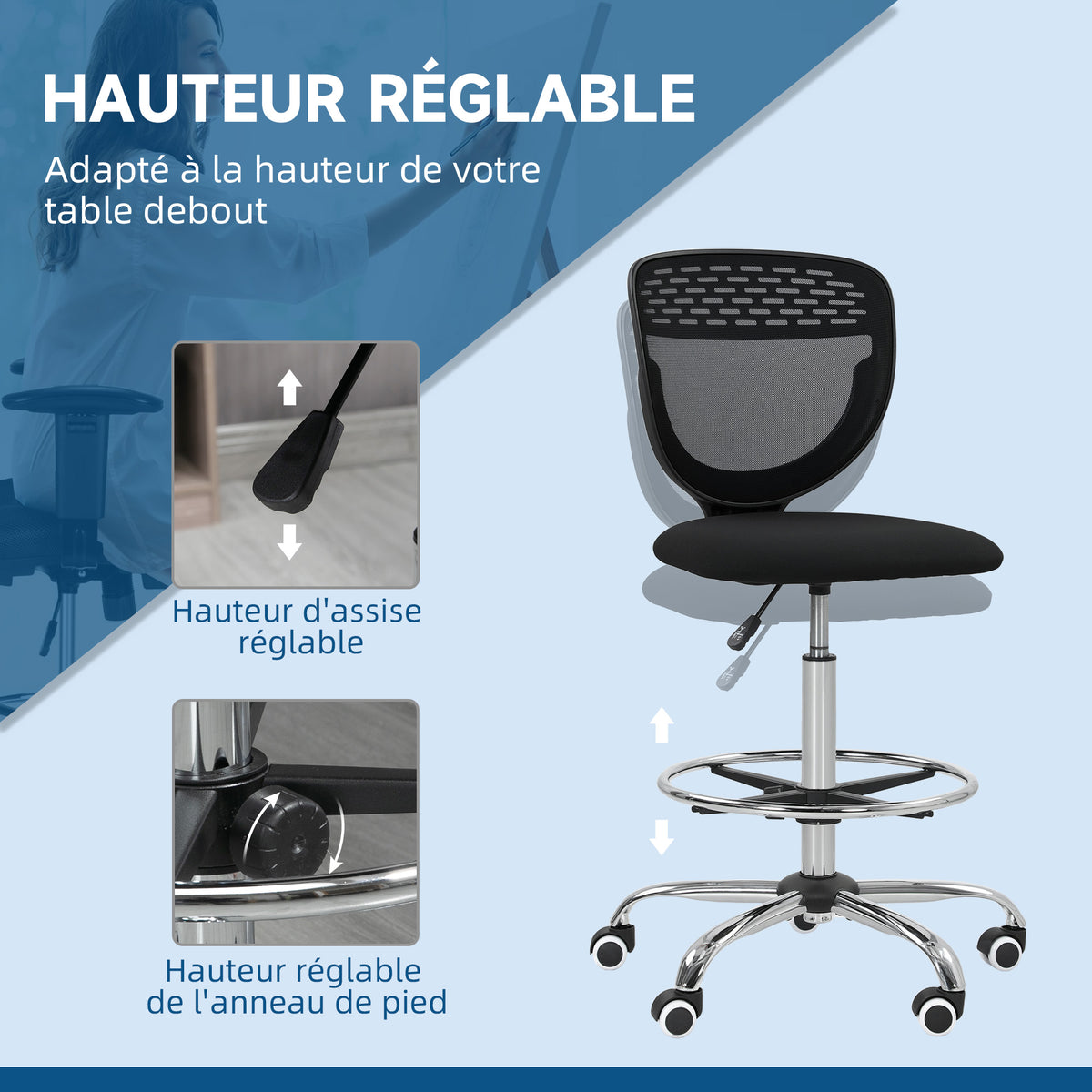 Chaise de bureau ergonomique en maille, chaise de dessin, hauteur et repose-pieds réglable, 59 x 59 x 106-126 cm, noir