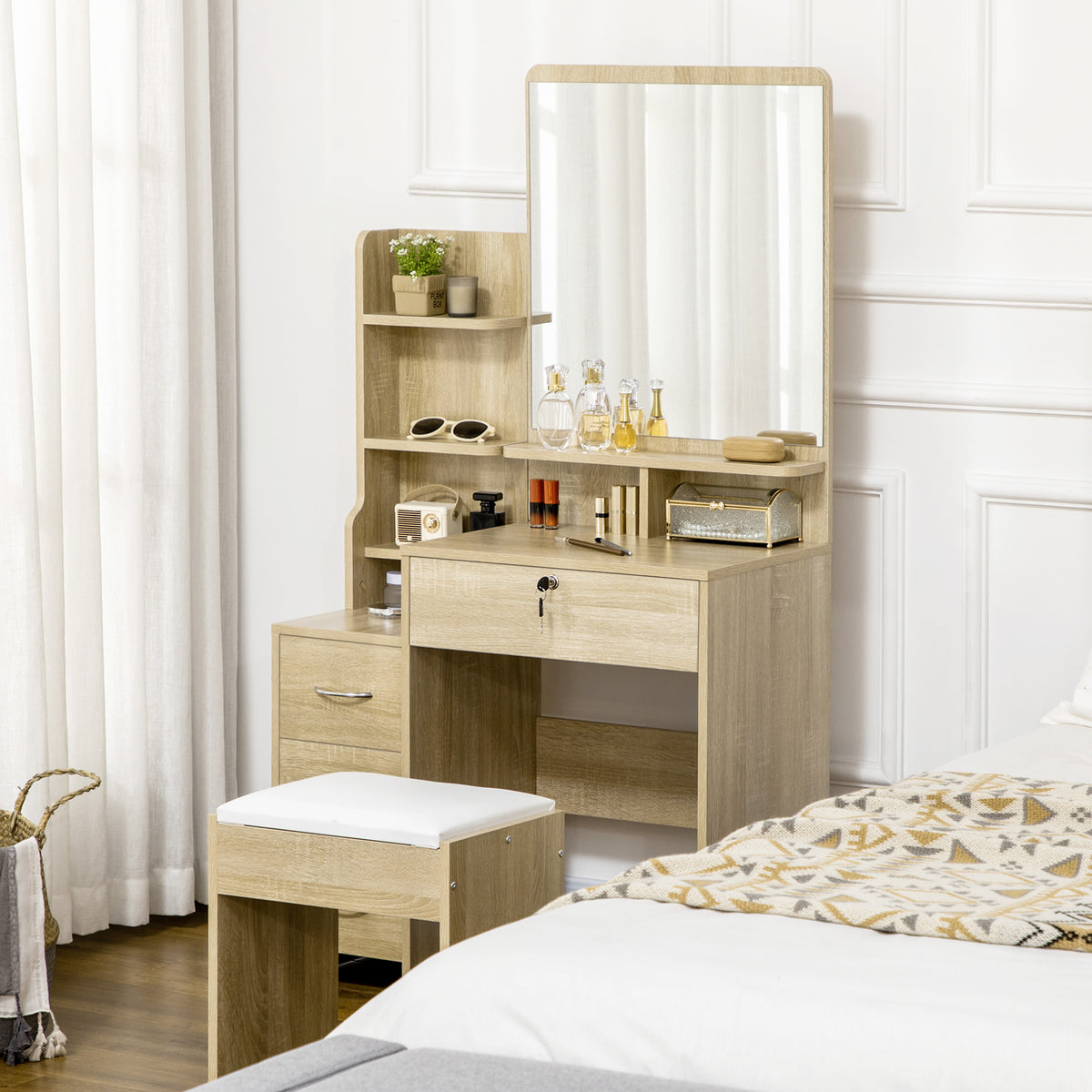Kaptafelset met make-uptafel, gestoffeerde kruk, grote spiegel, meerdere open planken + 4 lades, naturel hout