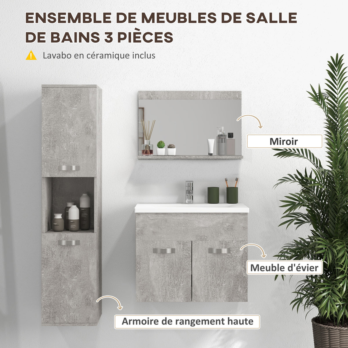 Ensemble de Meubles de Salle de Bain 4 Pièces, Mural, avec Miroir, Meuble sous Vasque, Lavabo et Armoire Haute, gris