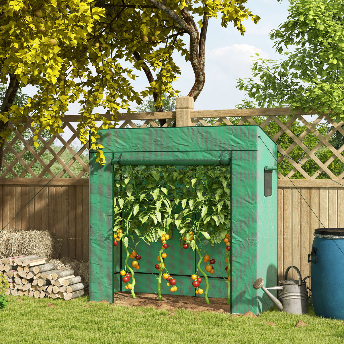 Serra da giardino a parete con 1 porta avvolgibile, telo in PE rinforzato, 2 finestre, dim. 196L x 77l x 197/178A cm