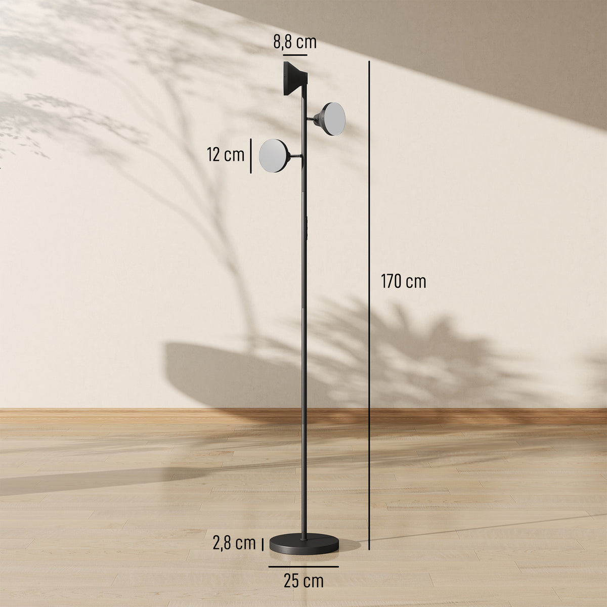 Lampadaire LED lampadaires sur pied salon dimmable 2700K-6000K 4150 lm 3 têtes rotatives Ø 25 x 170 cm noir
