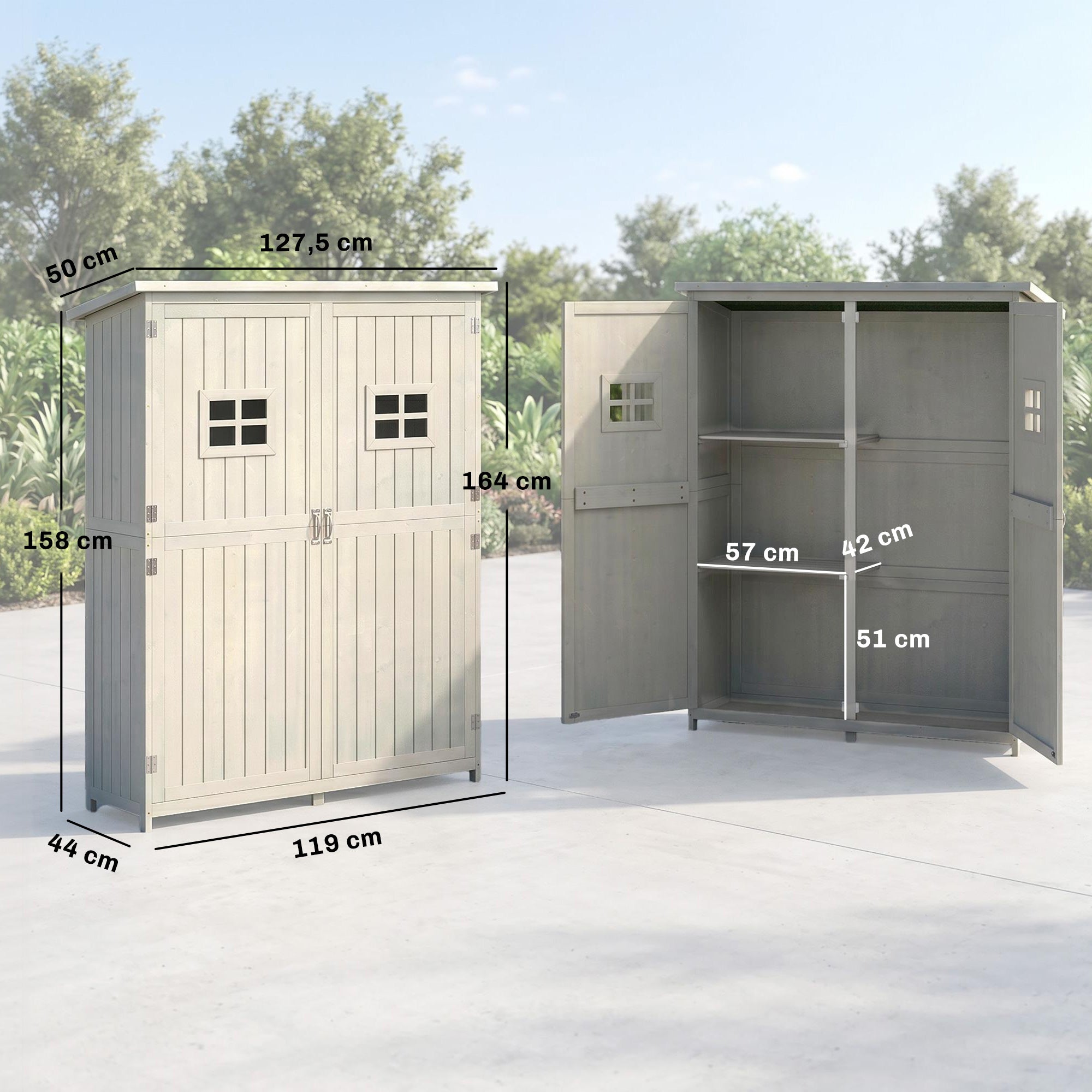 Abri de Jardin en bois Armoire de Jardin dim. 127,5L x 50l x 164H cm 2 étagères 2 Portes 2 fenêtres Toit bitumé étanche Bois Massif Sapin pré-huilé Gris