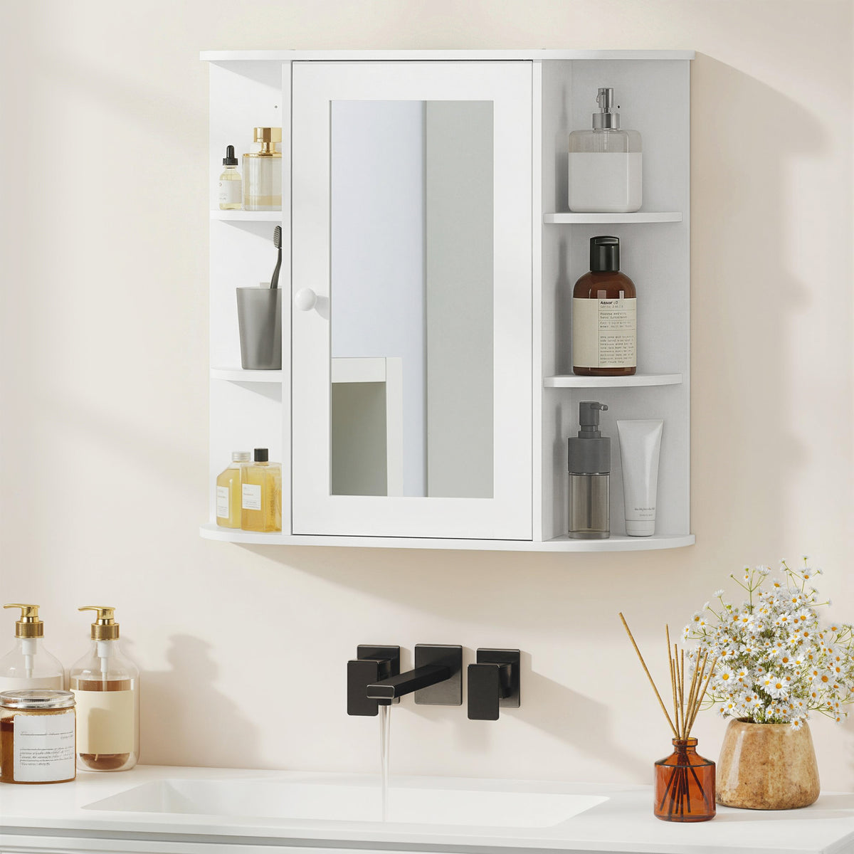 Armoire Murale avec Miroir Salle de Bain Meuble Miroir avec Rangement Toilettes 1 Porte + étagères latérales