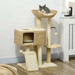 Arbre à chat avec griffoir niche panier d'observation plateformes pompon suspendus 60 x 40 x 98 cm beige