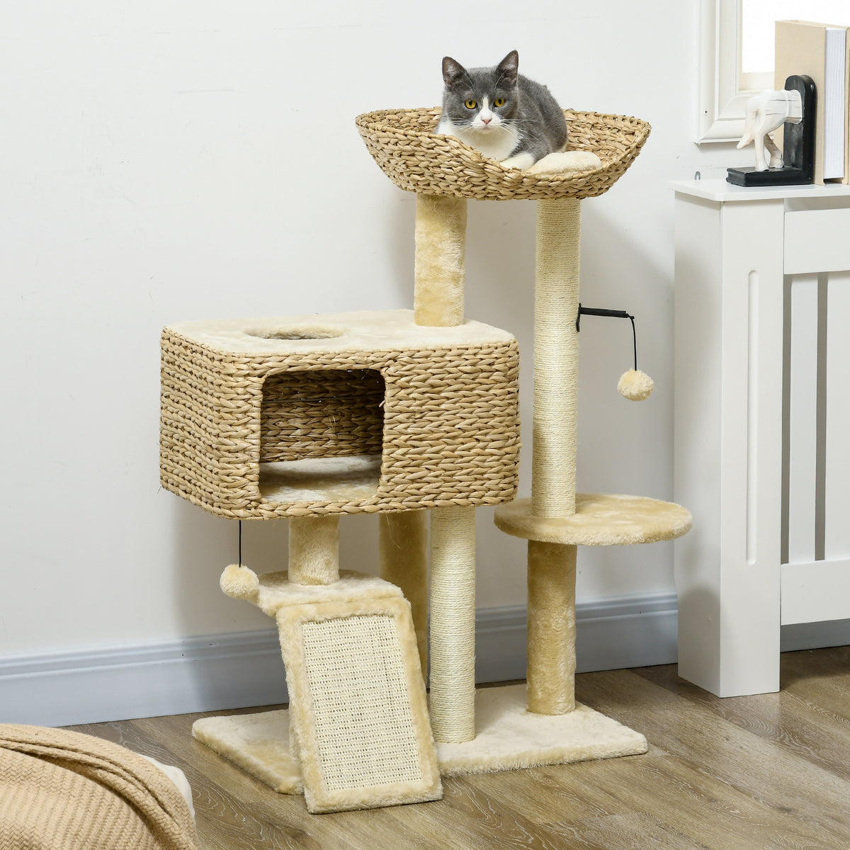 Arbre à chat avec griffoir niche panier d'observation plateformes pompon suspendus 60 x 40 x 98 cm beige