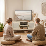 Meuble TV d'Angle 115 cm, Meuble Télé pour Téléviseur jusqu'à 65 Pouces, 2 Portes en Rotin  2 Compartiments, Chêne