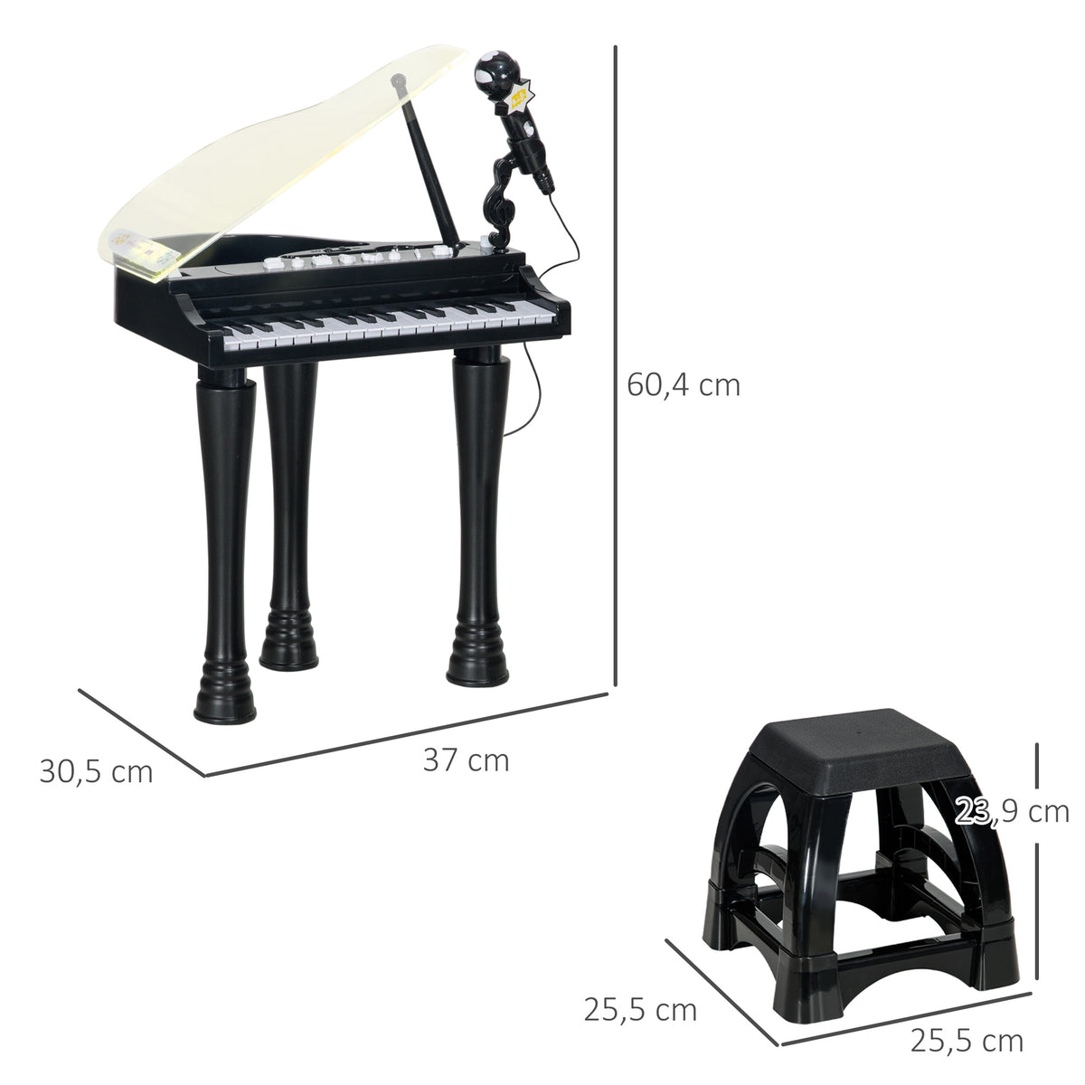 Piano enfant électronique 32 touches multifonctions avec micro haut parleur tabouret couvercle lumineux LED noir