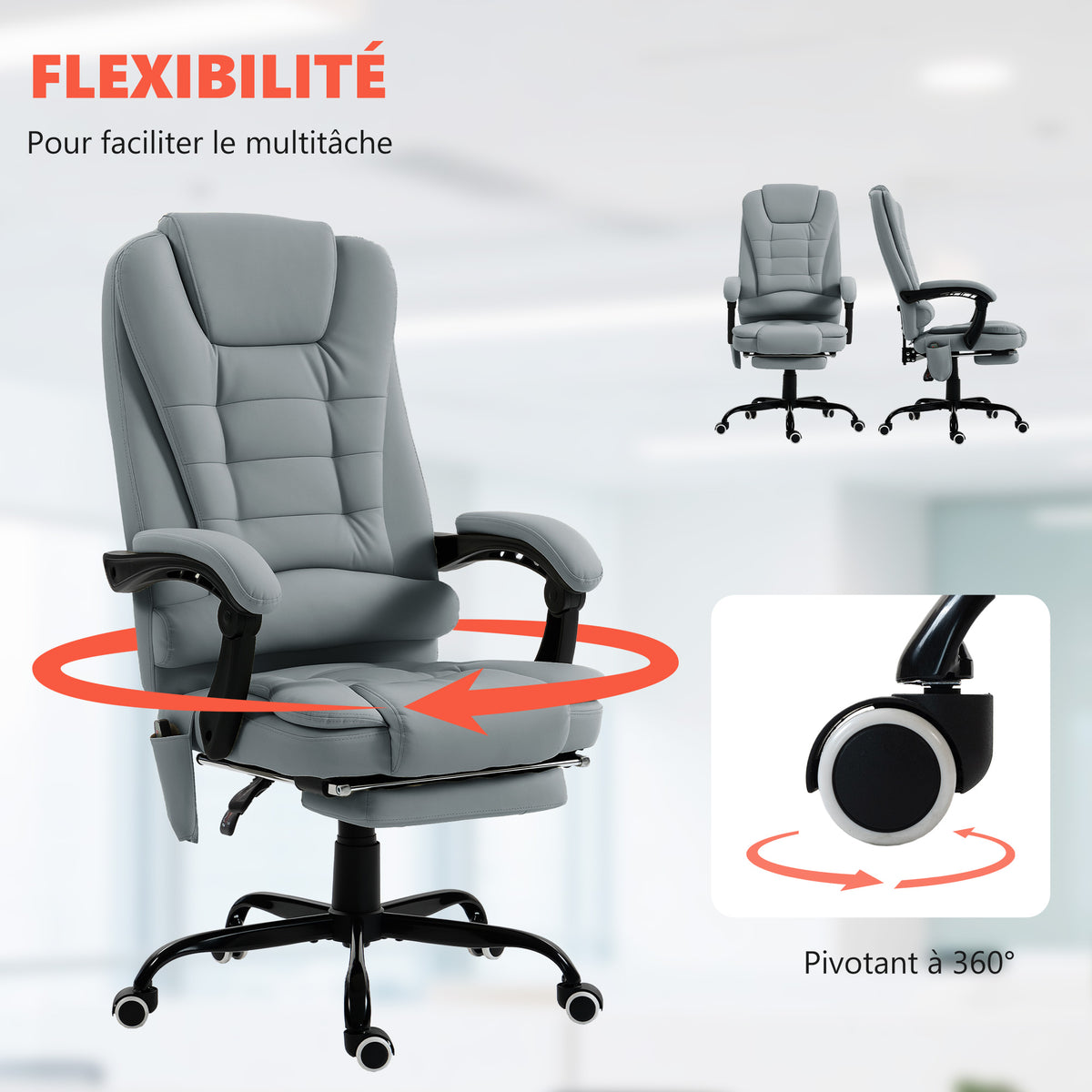 Fauteuil de bureau massant, chaise de bureau avec hauteur réglable, dossier inclinable et télécommande filaire, gris