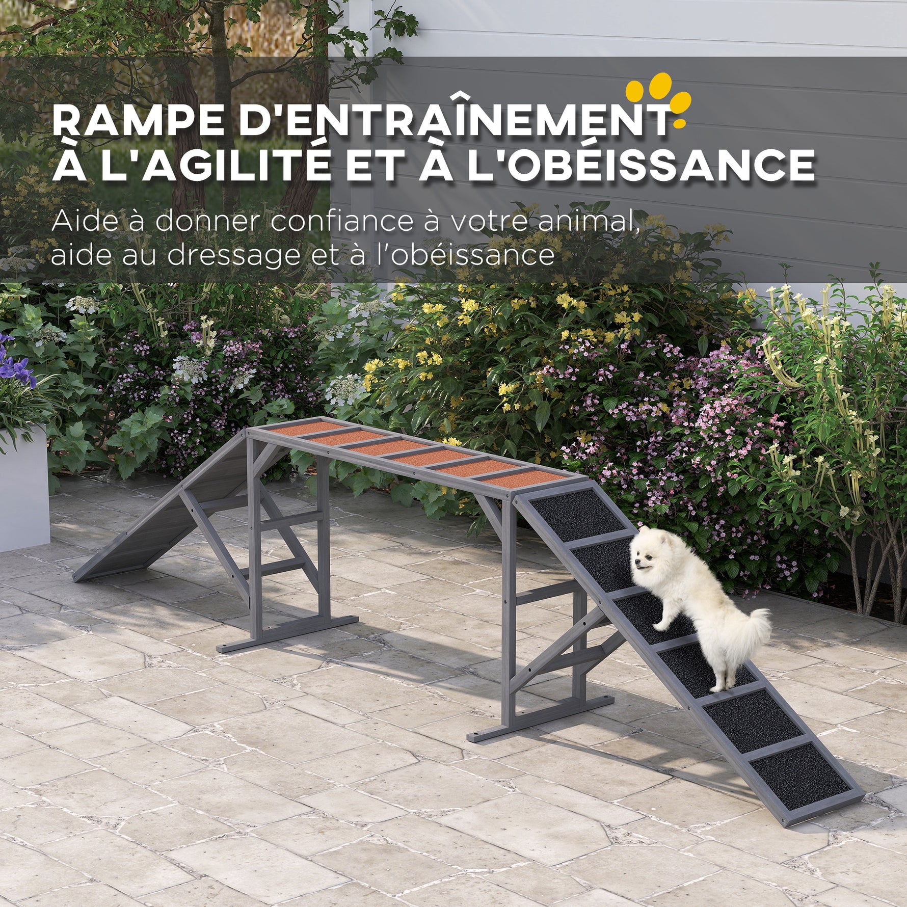 Rampe d'agilité pour chien, équipement d'agilité pour chiens, barres de sécurité surface antidérapante 335x55x60cm gris