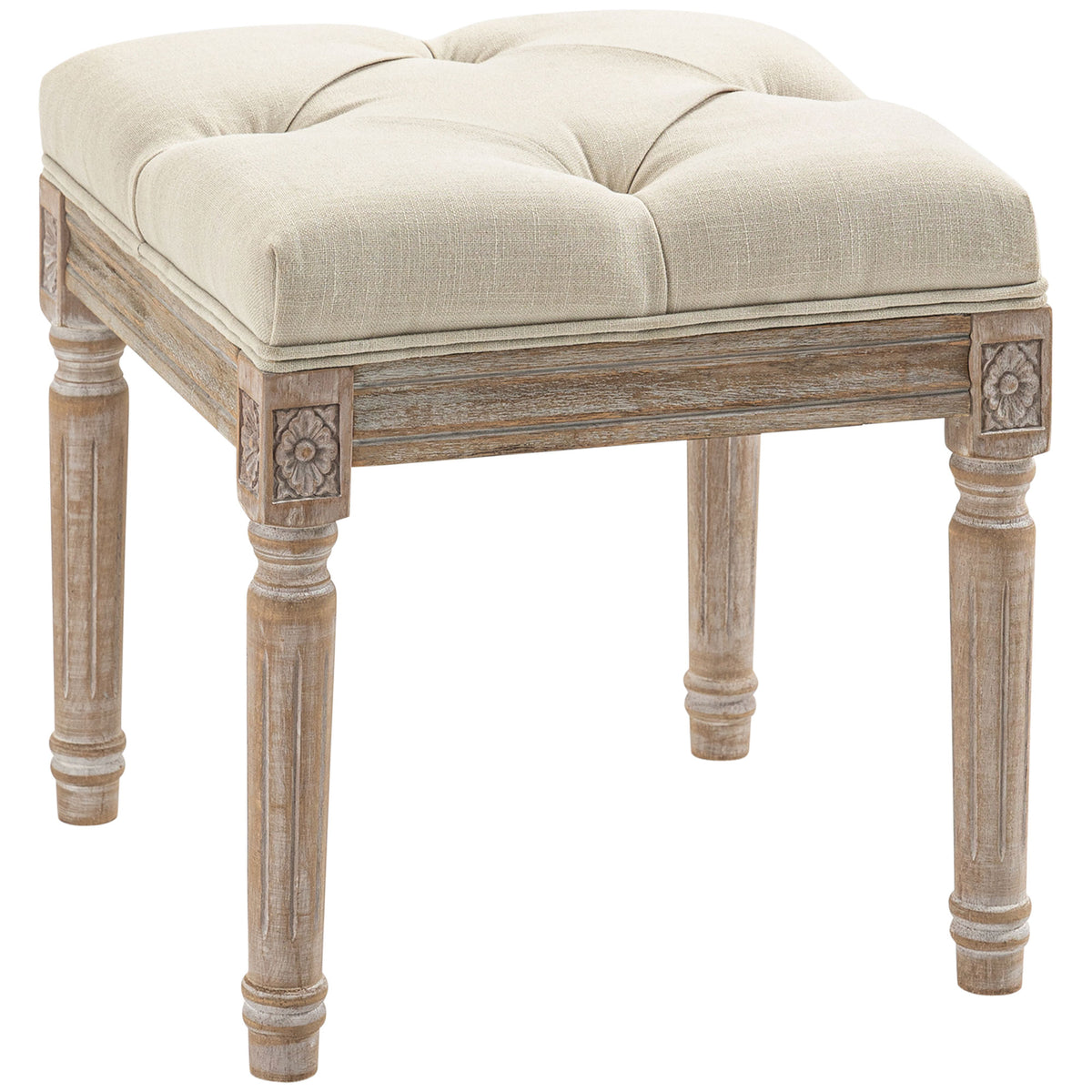 Repose pied salon, ottoman, siège rembourré en tissu aspect lin avec pieds en bois d'hévéa, 40 x 40 x 43 cm, beige