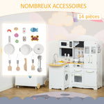 Cuisine pour Enfant 3-6 ans Jeu d'imitation Nombreux Accessoires rangements évier, robinet, four, micro-ondes, hotte, téléphone et réfrigérateur Blanc