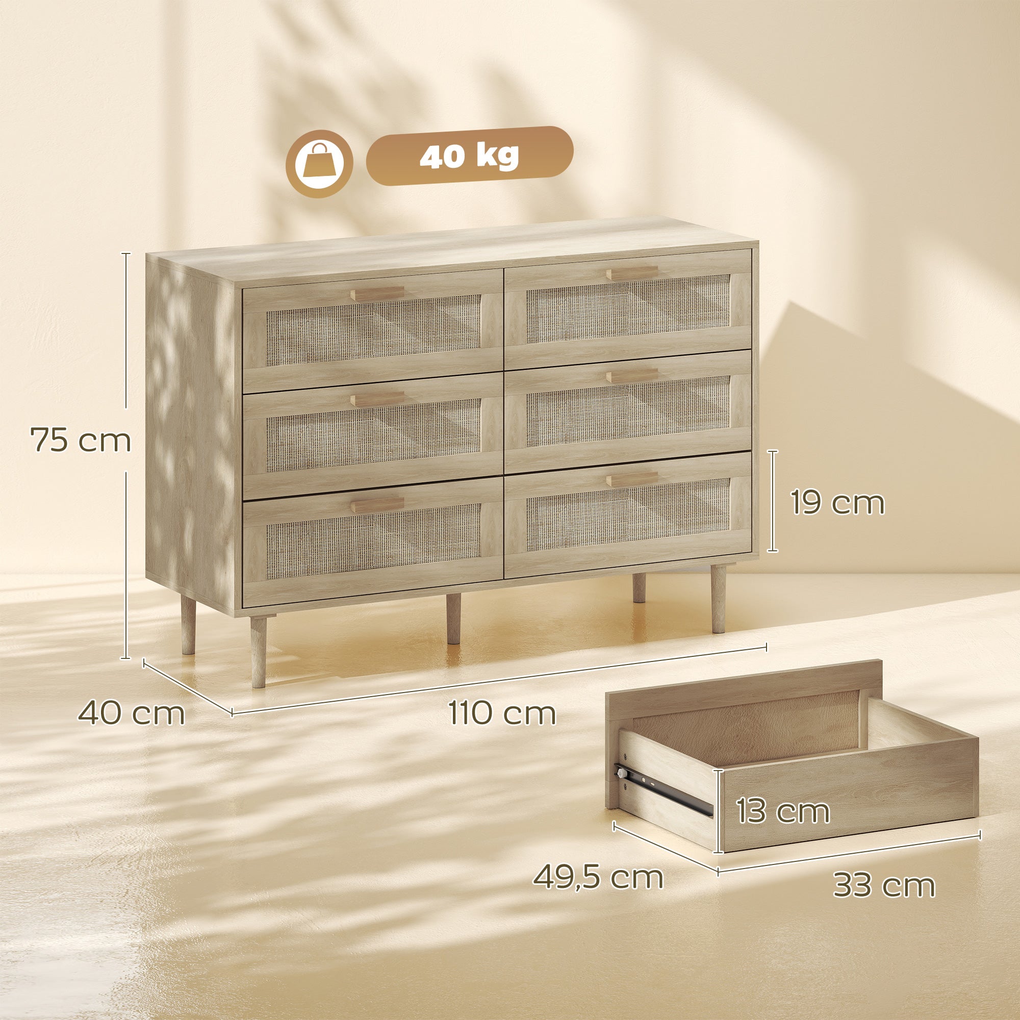 Kommode mit 6 Schubladen Aufbewahrungsmöbel mit Rattangeflecht Maße 110L x 40B x 75H cm Helle Holzoptik