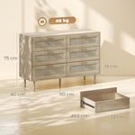 Cómoda de 6 cajones mueble de almacenaje con tejido de ratán dim. 110L x 40an x 75A cm aspecto madera clara