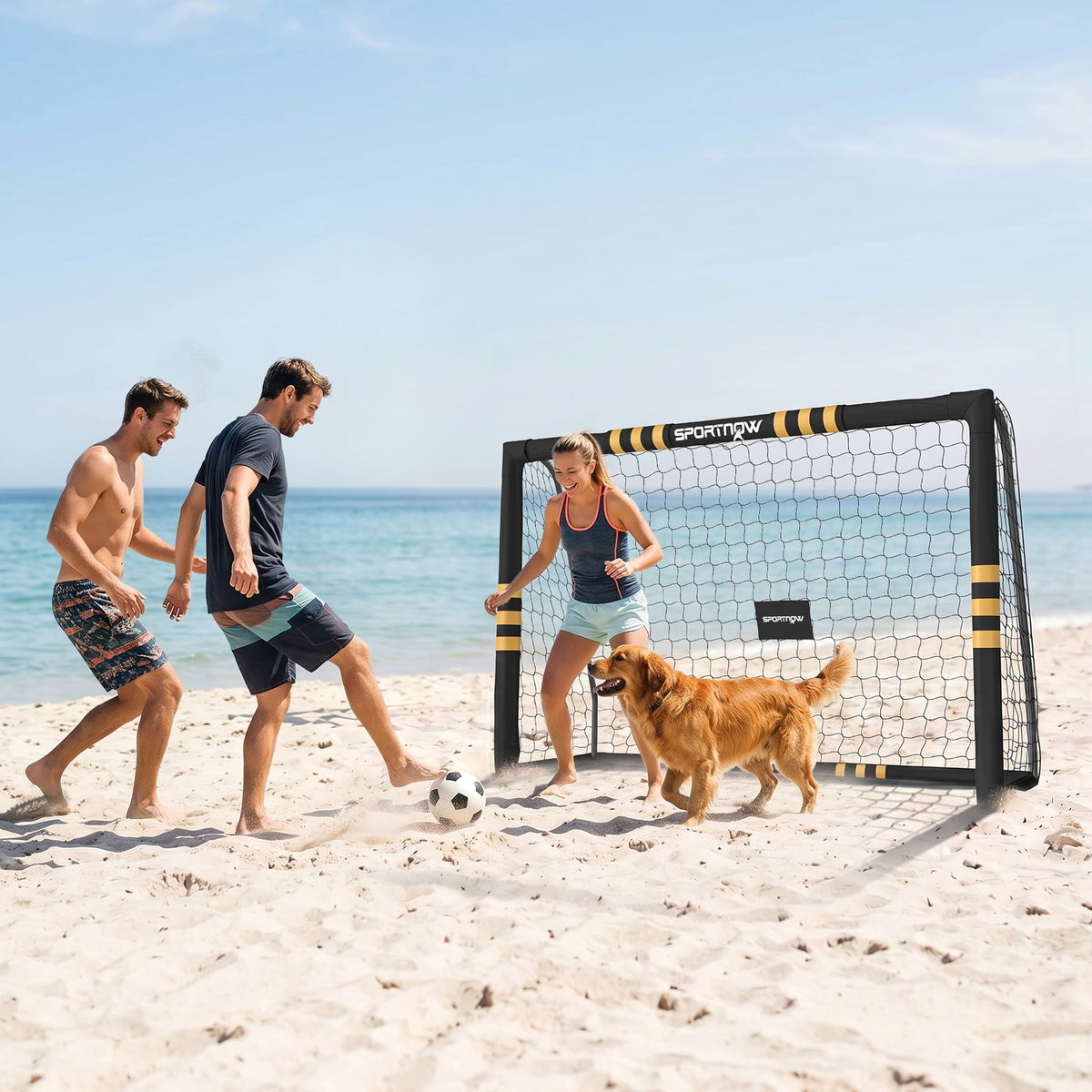Futbol-atea babes-aparrarekin, lurreko 6 piketarekin eta PE sarearekin, 240x85x160cm, horia