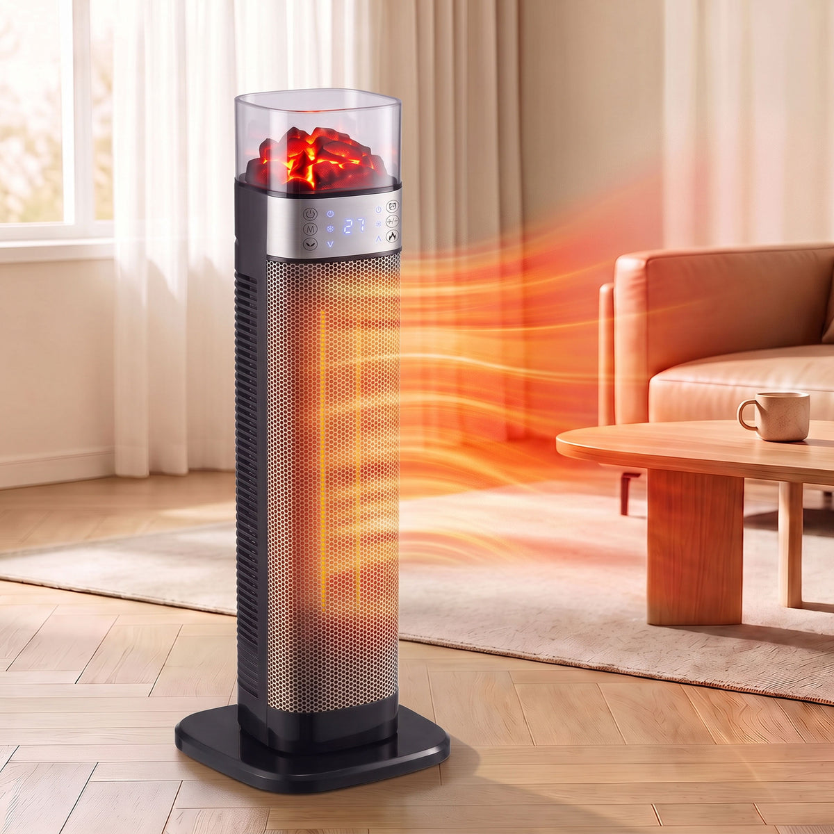Keramik-Zusatzheizung 2000W, Elektrischer WLAN-Heizkörper, App- & Sprachsteuerung, 5 Modi, 3D-Flammeneffekt, Schwarz