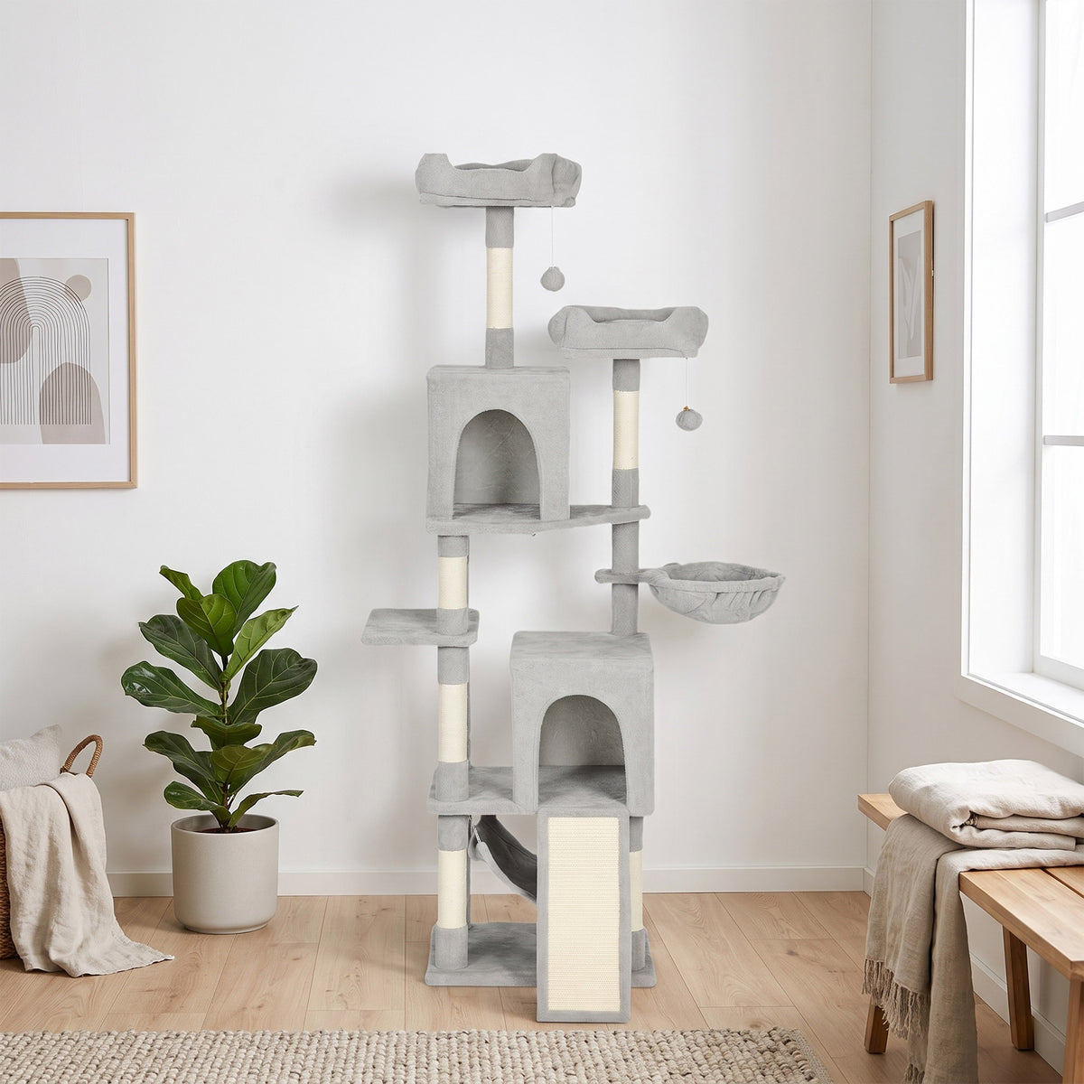 Krabpaal speeltoren voor katten 3 plateaus 2 huisjes 2 manden 2 hangmatten 1 ladder hoogte 177 cm lichtgrijs