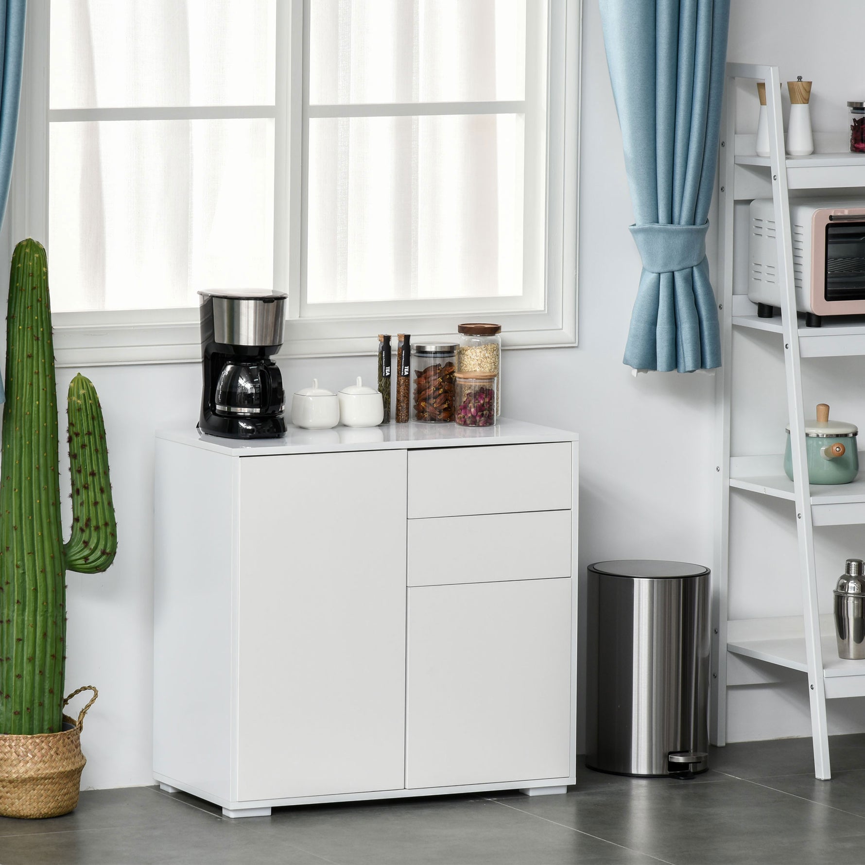 Meuble de rangement buffet commode armoire de rangement avec 2 tiroirs et 2 placards à portes, étagères réglables, pour salon, cuisine, chambre, 79 x 36 x 74 cm blanc