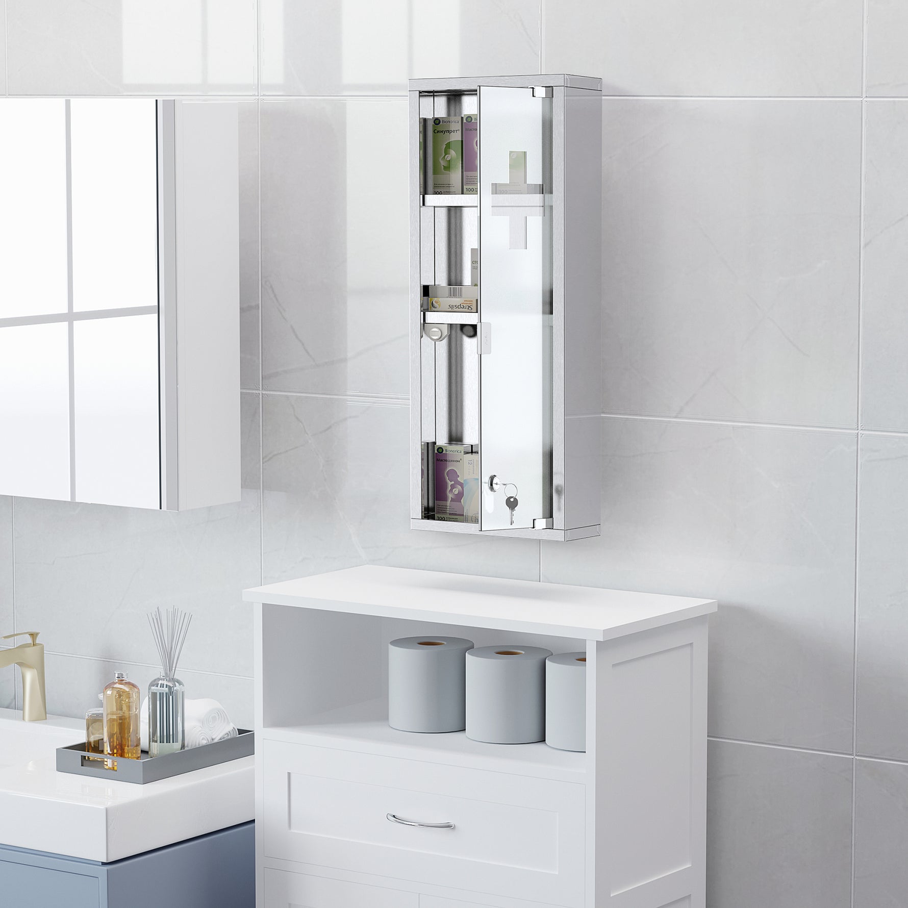Armoire à Pharmacie 2 étagères 3 Niveaux 20L x 12l x 58H cm Porte Verre trempé Symbole Croix Acier INOX.