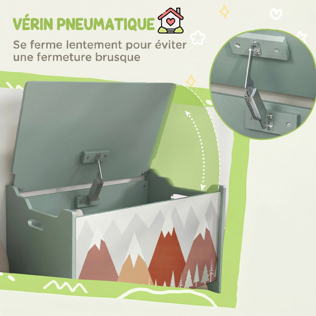 Coffre à jouet enfant coffre de rangement enfant couvercle rabattable motif de forêt coins arrondis 60 x 37 x 39 cm vert