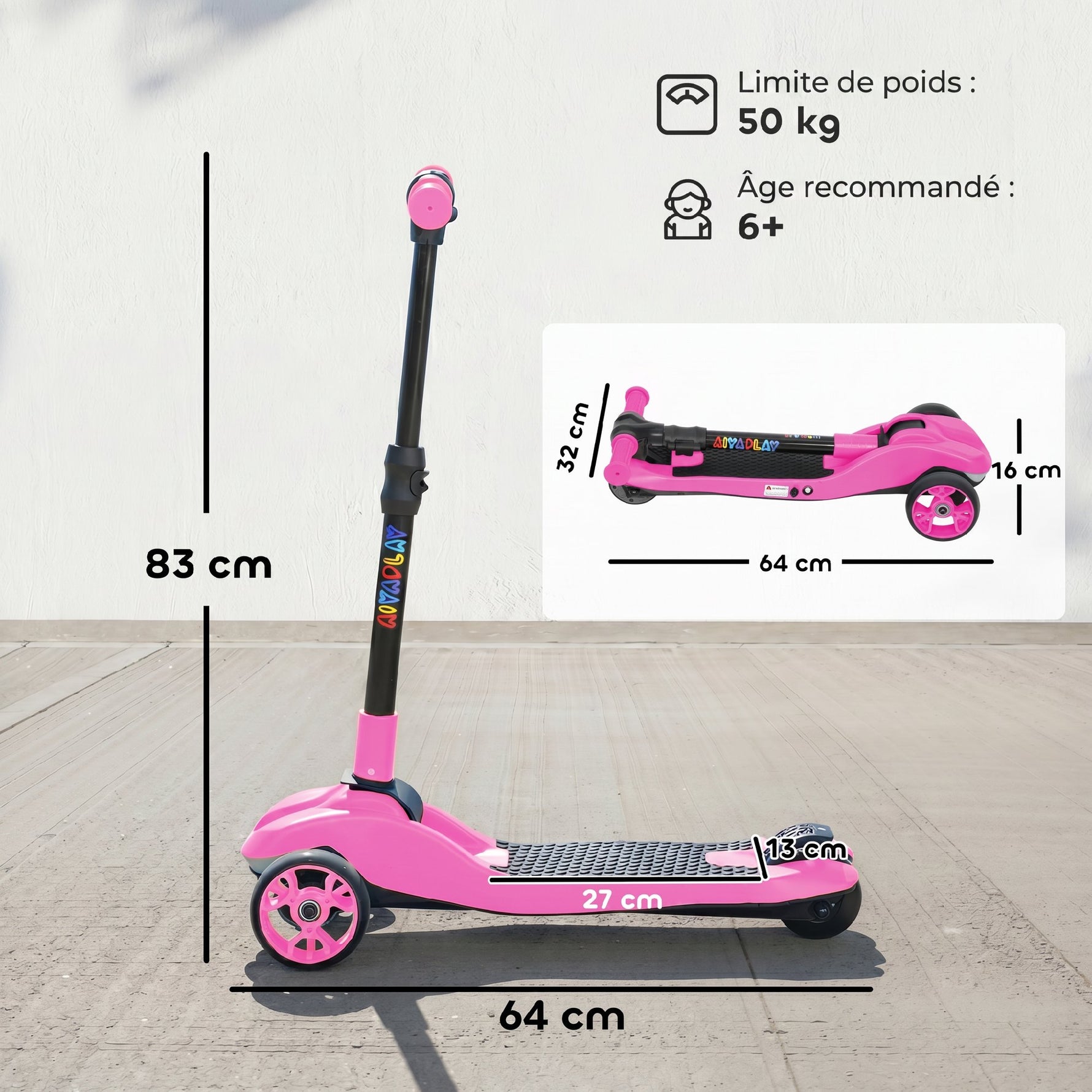 Trottinette électrique pour enfants 6+ ans, pliable 3 roues démarrage zéro, vitesse maximale 8 km/h 64 x 29 x 83 cm rose