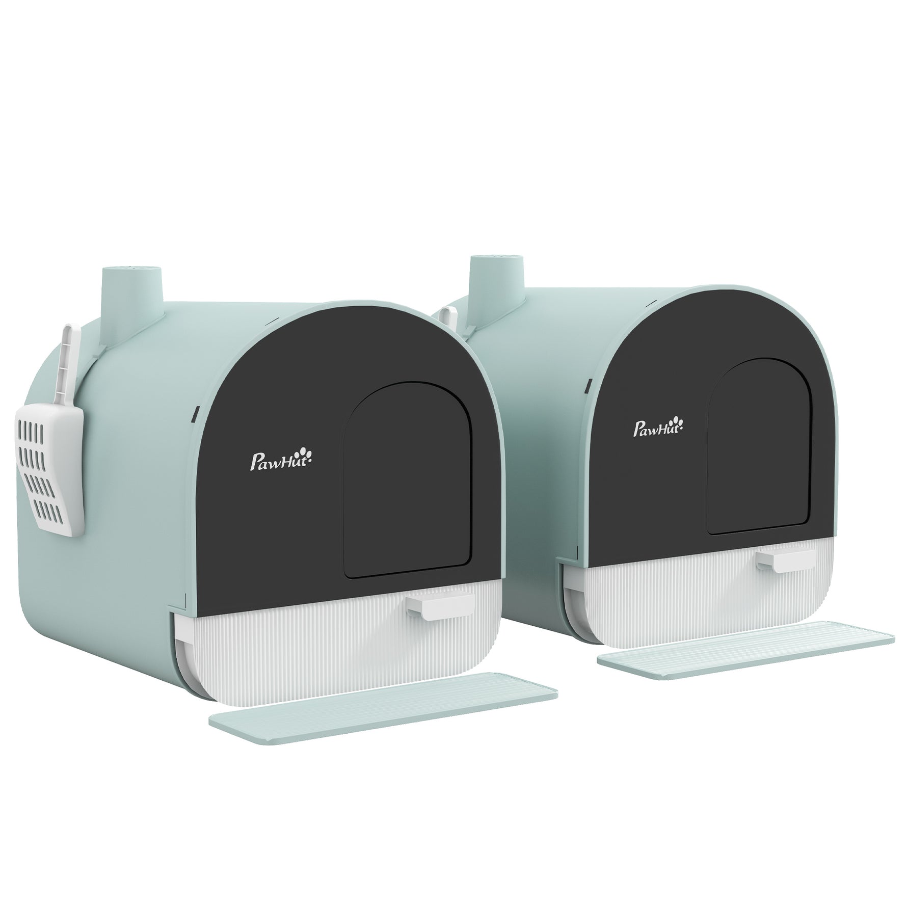 Lot de 2 bacs à litière pour chat avec porte battante, pelle et filtre inclus dim. 43L x 44l x 47H cm