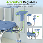 Tabouret de douche chaise de douche ergonomique avec accoudoirs, dossier, hauteur et siège réglables, bleu