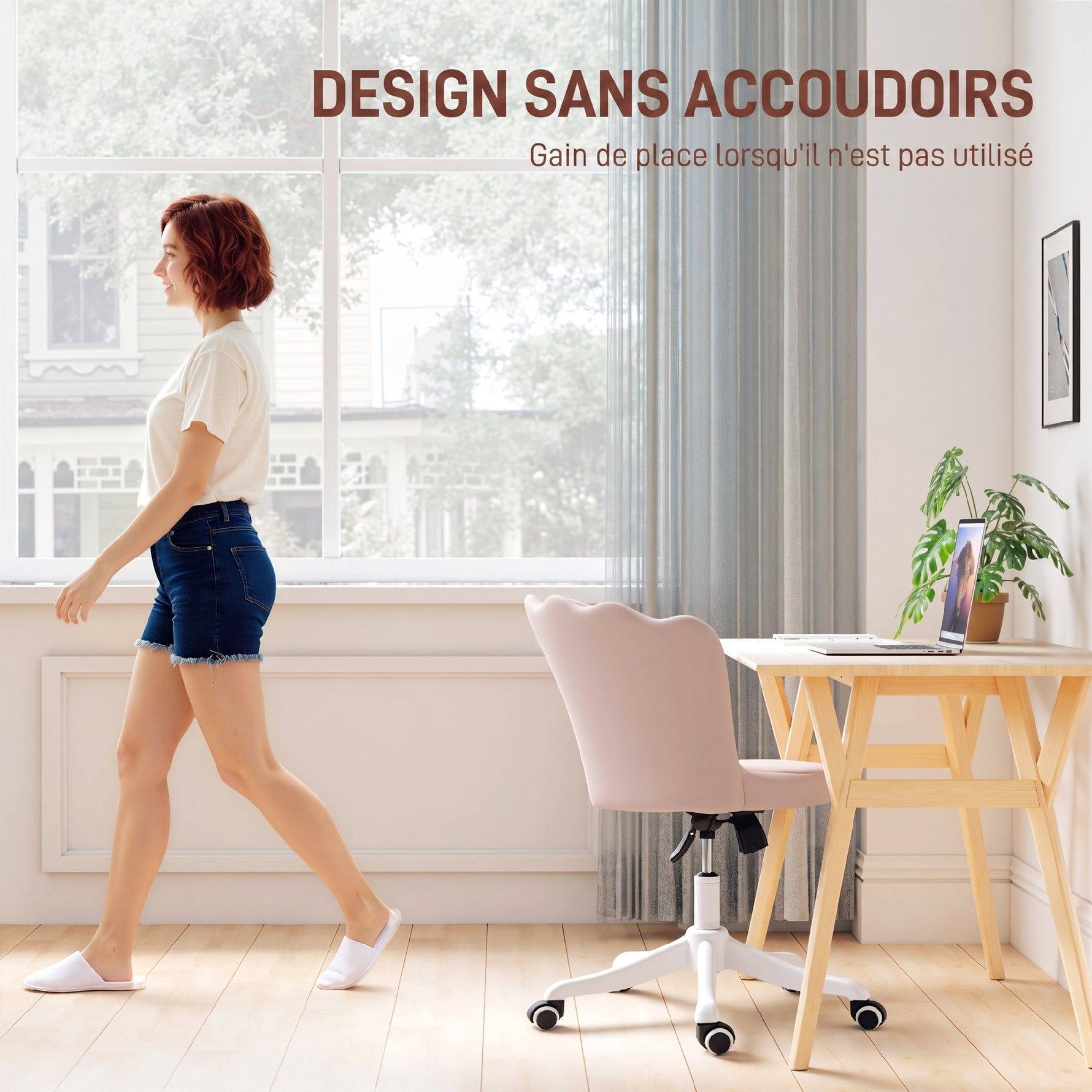 Chaise bureau en velours, chaise coiffeuse avec dossier en pétale, hauteur réglable, 69 x 64 x 80-90 cm, rose