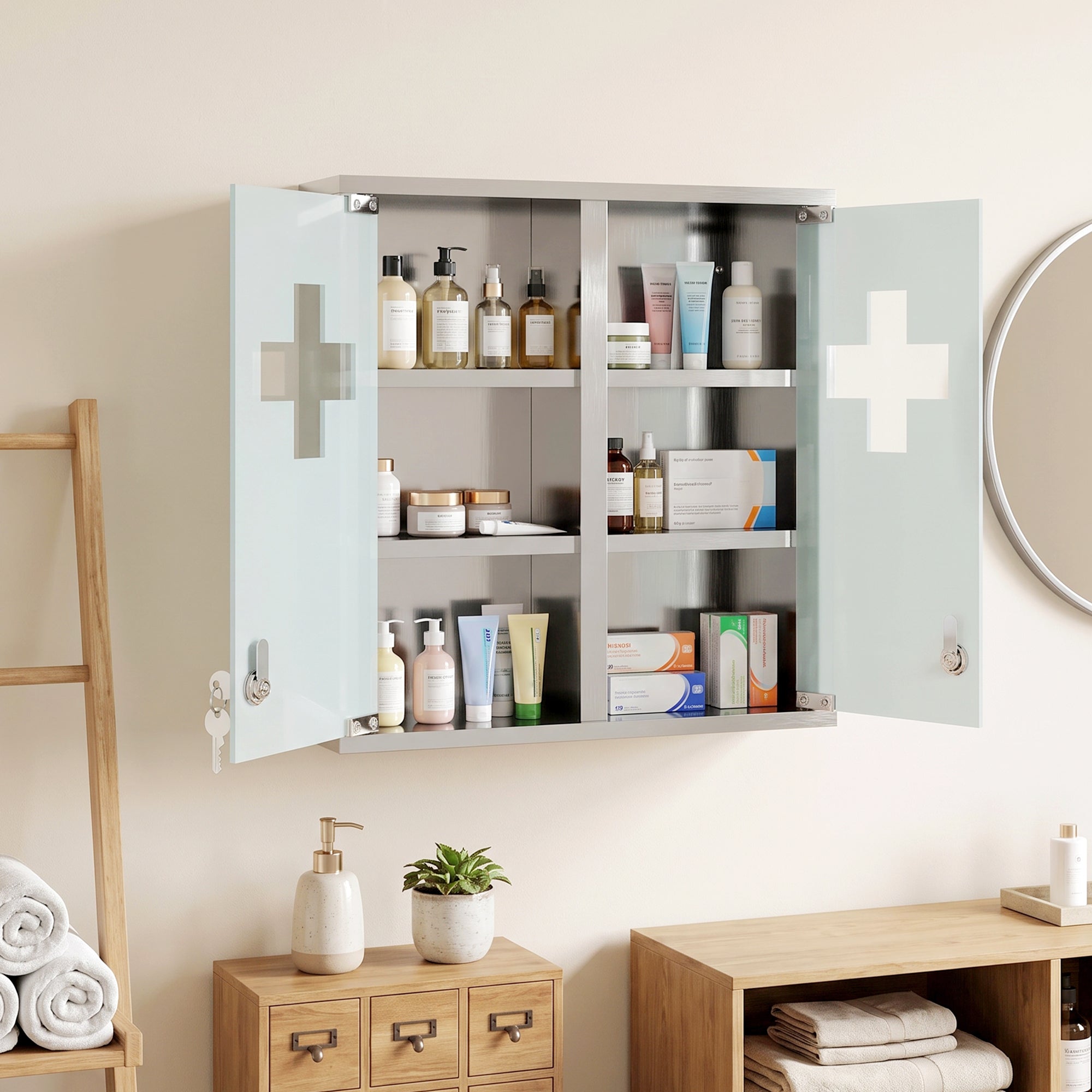 Armoire à pharmacie murale avec portes en verre verrouillables 2 clés, étagères de rangement, 46 x 12 x 48 cm, argenté