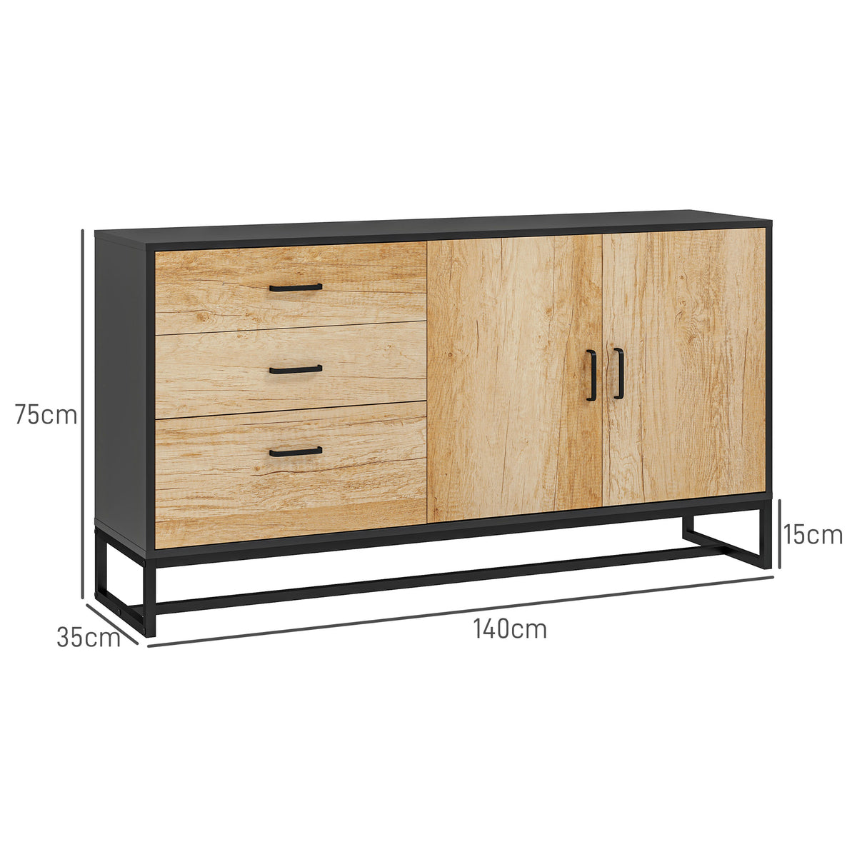 Buffet salon meuble de rangement avec 3 tiroirs et étagère réglable, pieds en acier, poignées en alliage d'aluminium