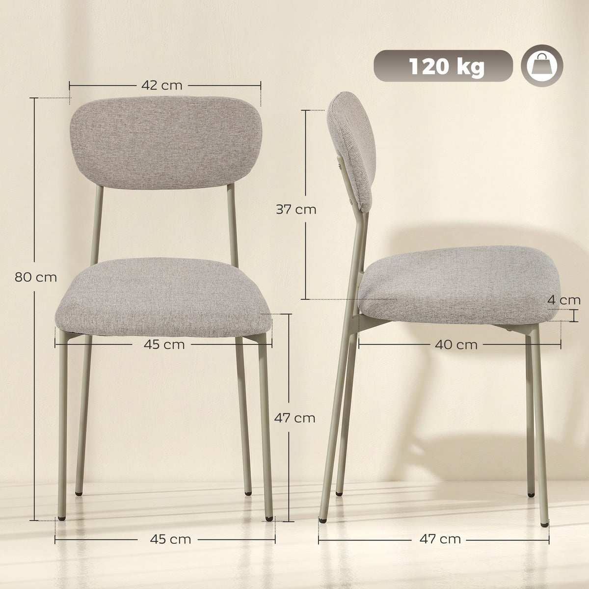 Lot de 2 chaises de salle à manger modernes, chaises de cuisine empilables en tissu effet lin, marron clair