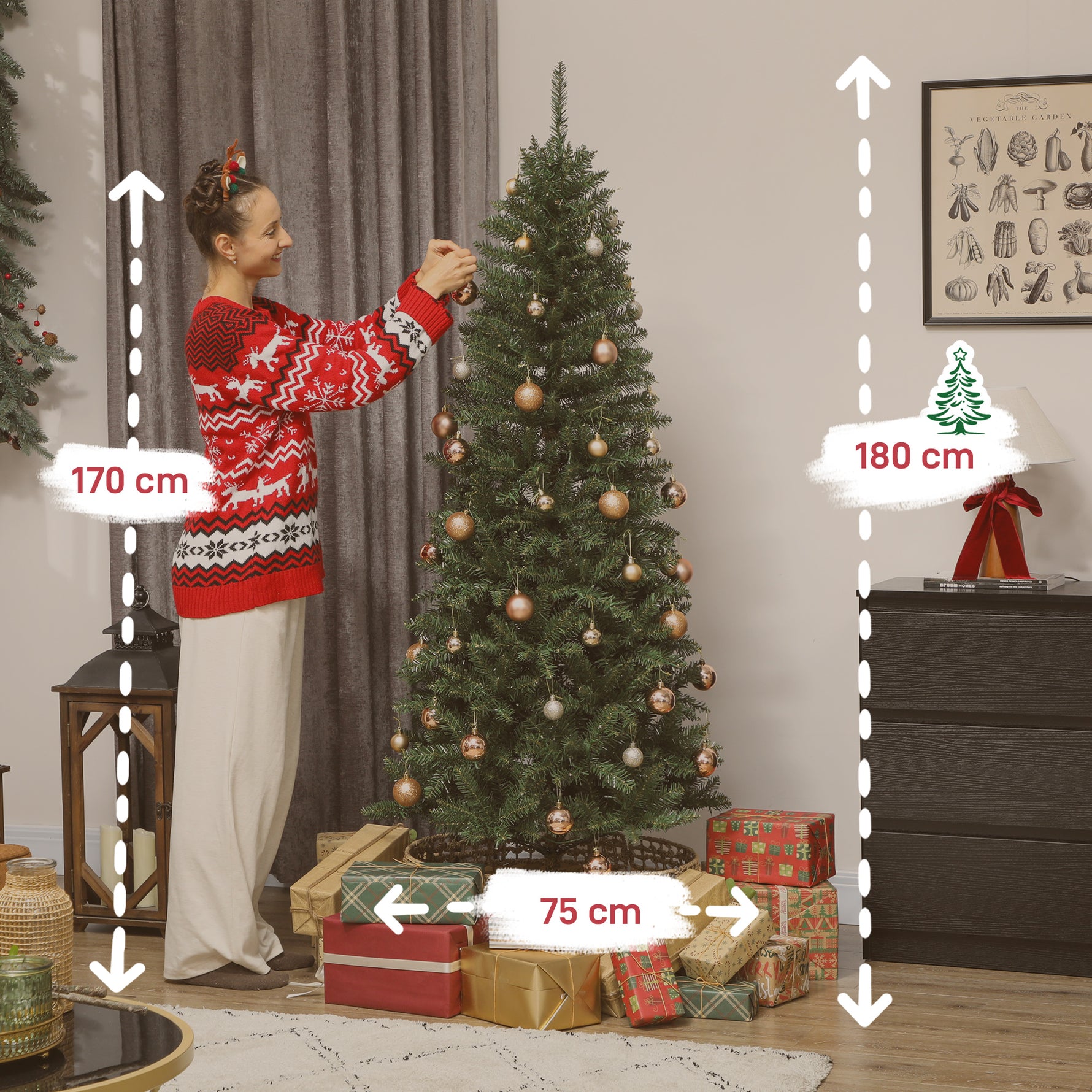 Sapin de Noël artificiel 180 cm, arbre de Noël fin avec 250 lumières, 899 pointes, support en métal pliable, vert