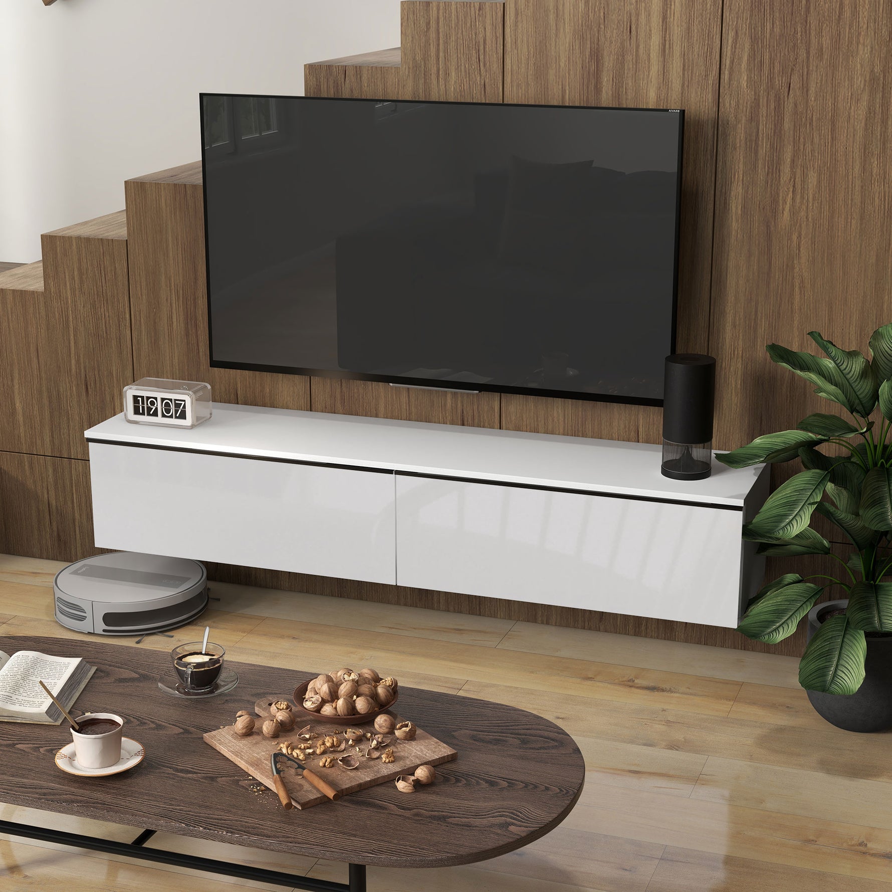 Meuble TV suspendu avec placard, pour téléviseurs jusqu'à 70 pouces, effet brillant, blanc