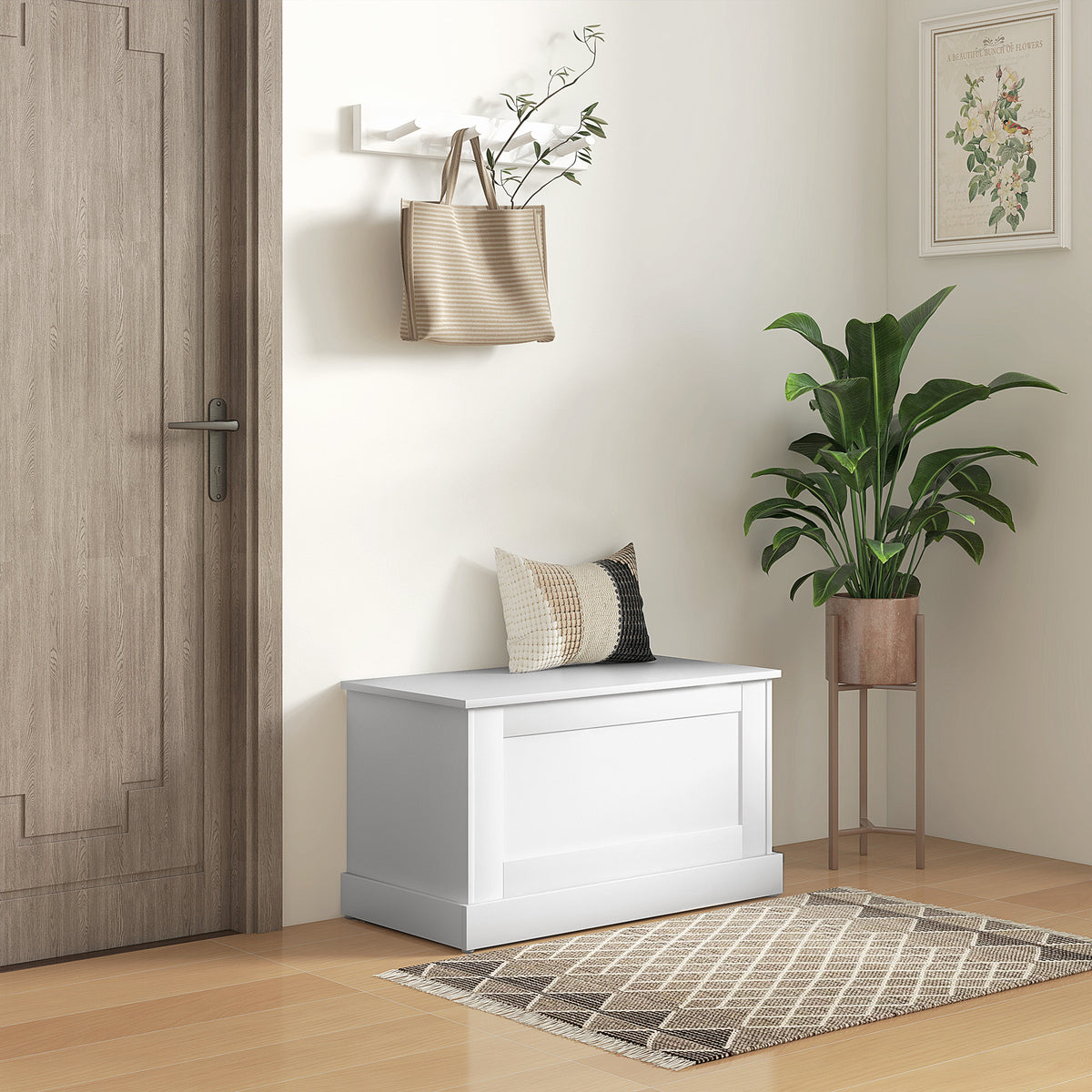 Baúl de almacenaje, baúl de juguetes, con bisagra de seguridad, para salón, de madera, 80 x 40 x 45 cm, blanco
