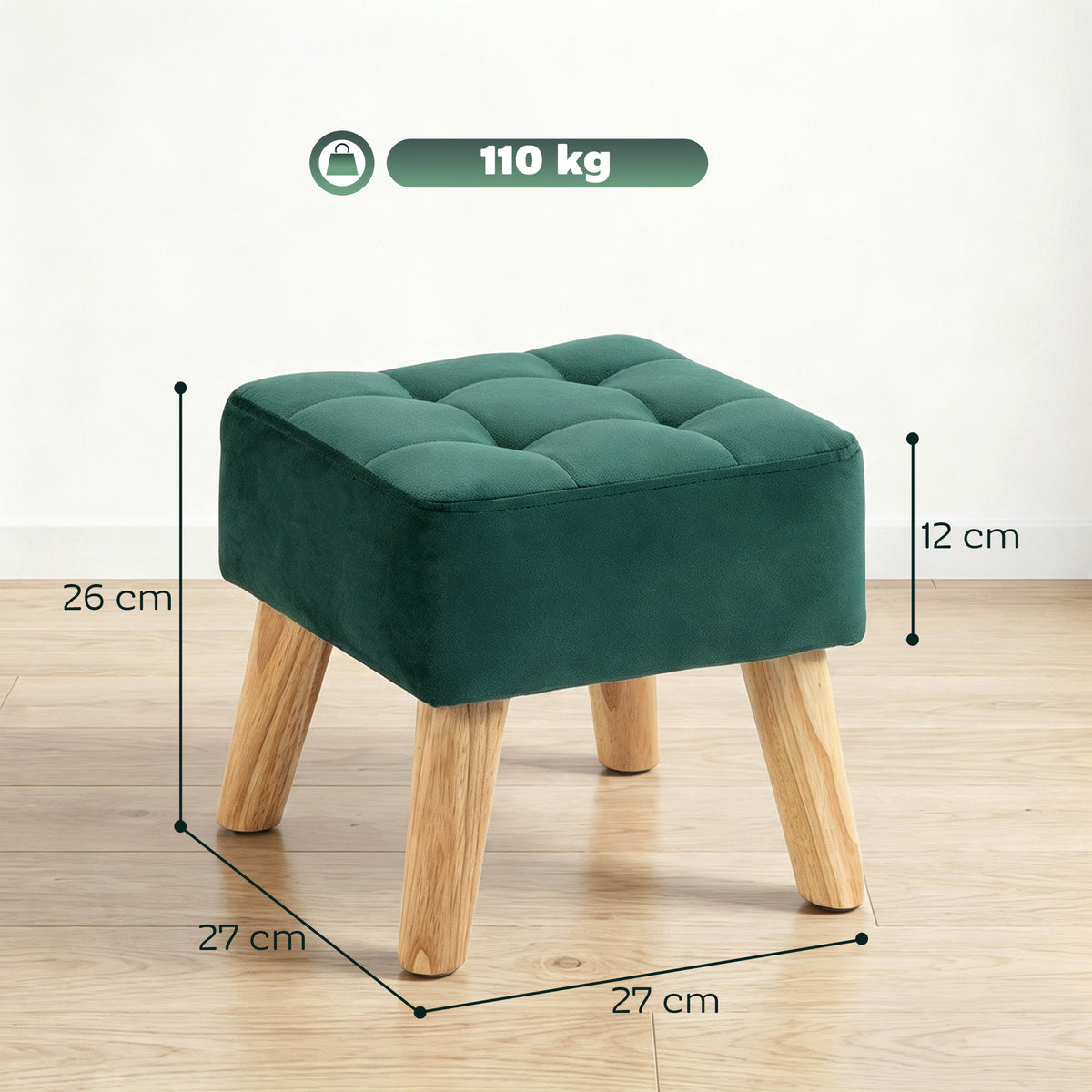 Fußhocker für das Wohnzimmer, Hocker, gepolzter Stoffsitz mit Holzbeinen, 27 x 27 x 26 cm, Dunkelgrün