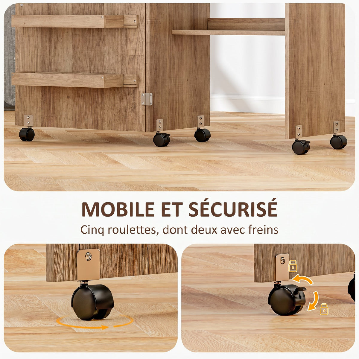 Mesa de costura plegable, mueble de costura abatible con cajones de almacenamiento, estante abierto y ruedas, marrón