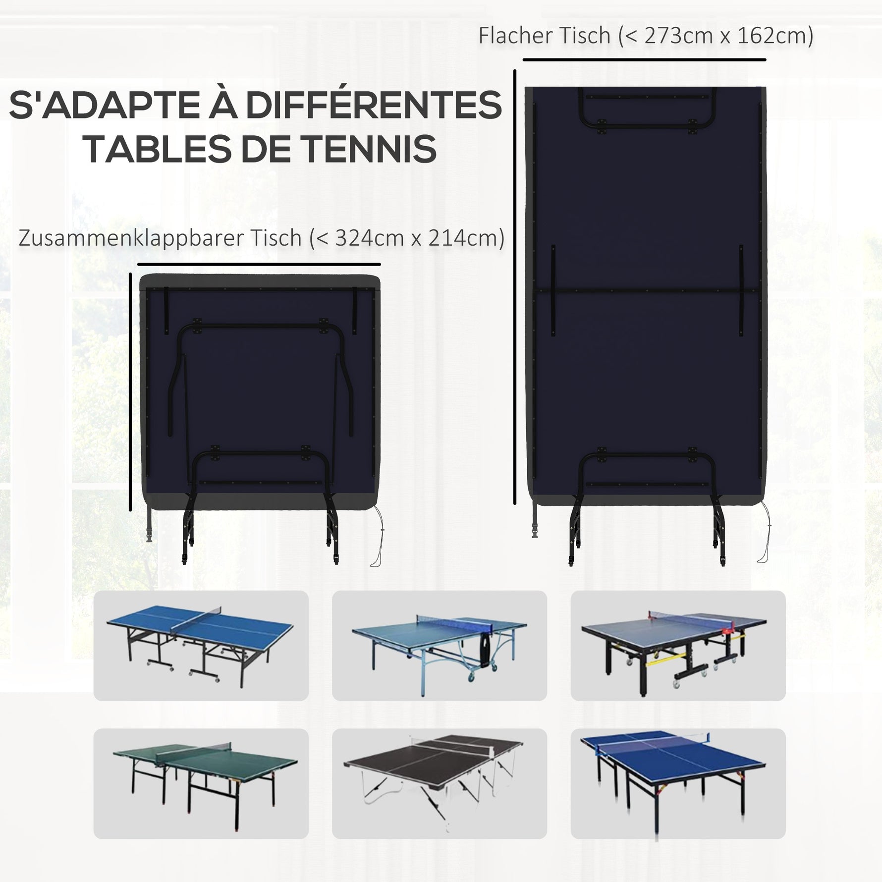 Housse de table de tennis de table ping-pong avec fermeture éclair anti-UV et housse imperméable Noir