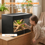 Terrarium pour Reptiles en Bois OSB, Porte en Verre Trempé, Serrure Sécurisée et Couvercle en Filet, 60x45x45cm, Noir