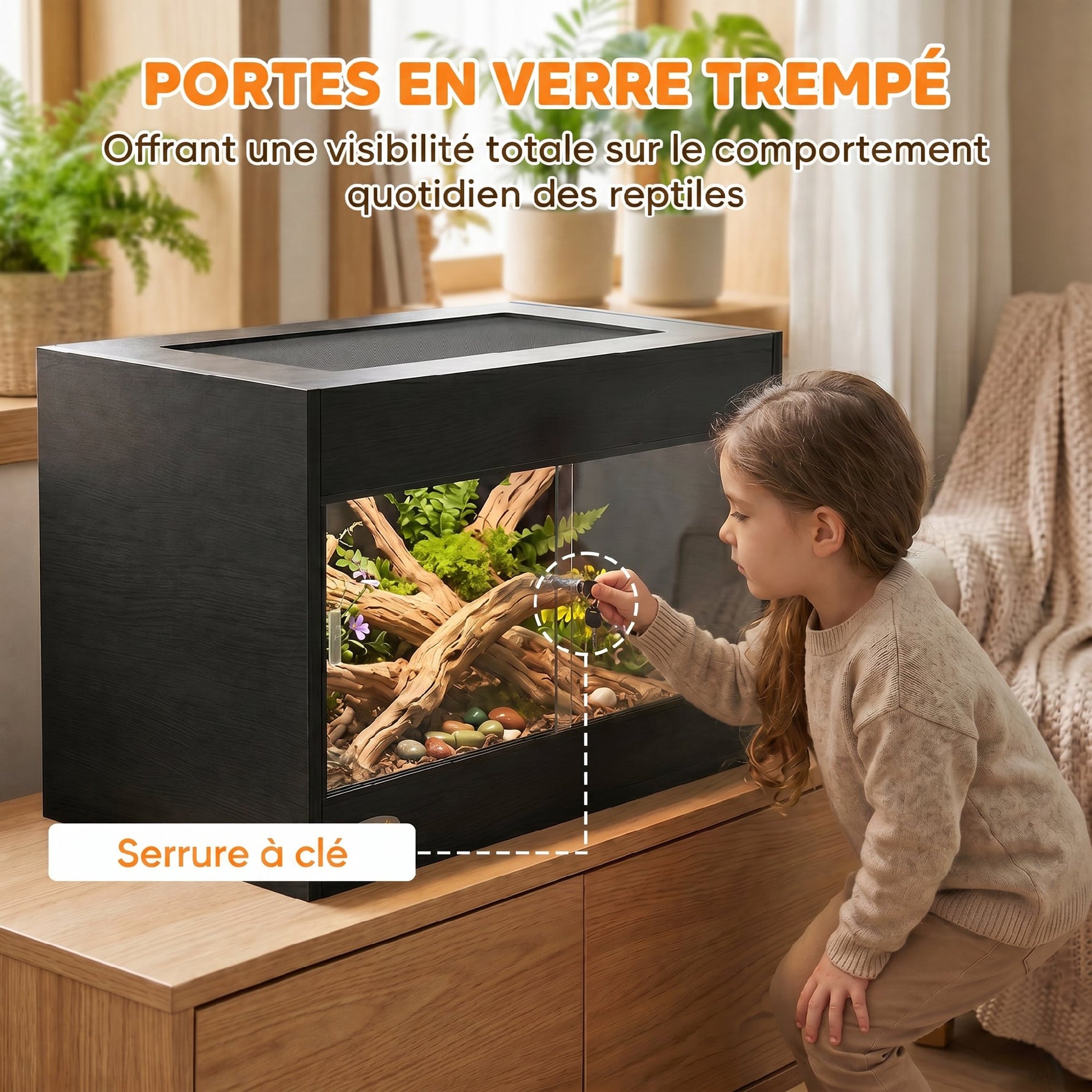 Terrarium pour Reptiles en Bois OSB, Porte en Verre Trempé, Serrure Sécurisée et Couvercle en Filet, 60x45x45cm, Noir